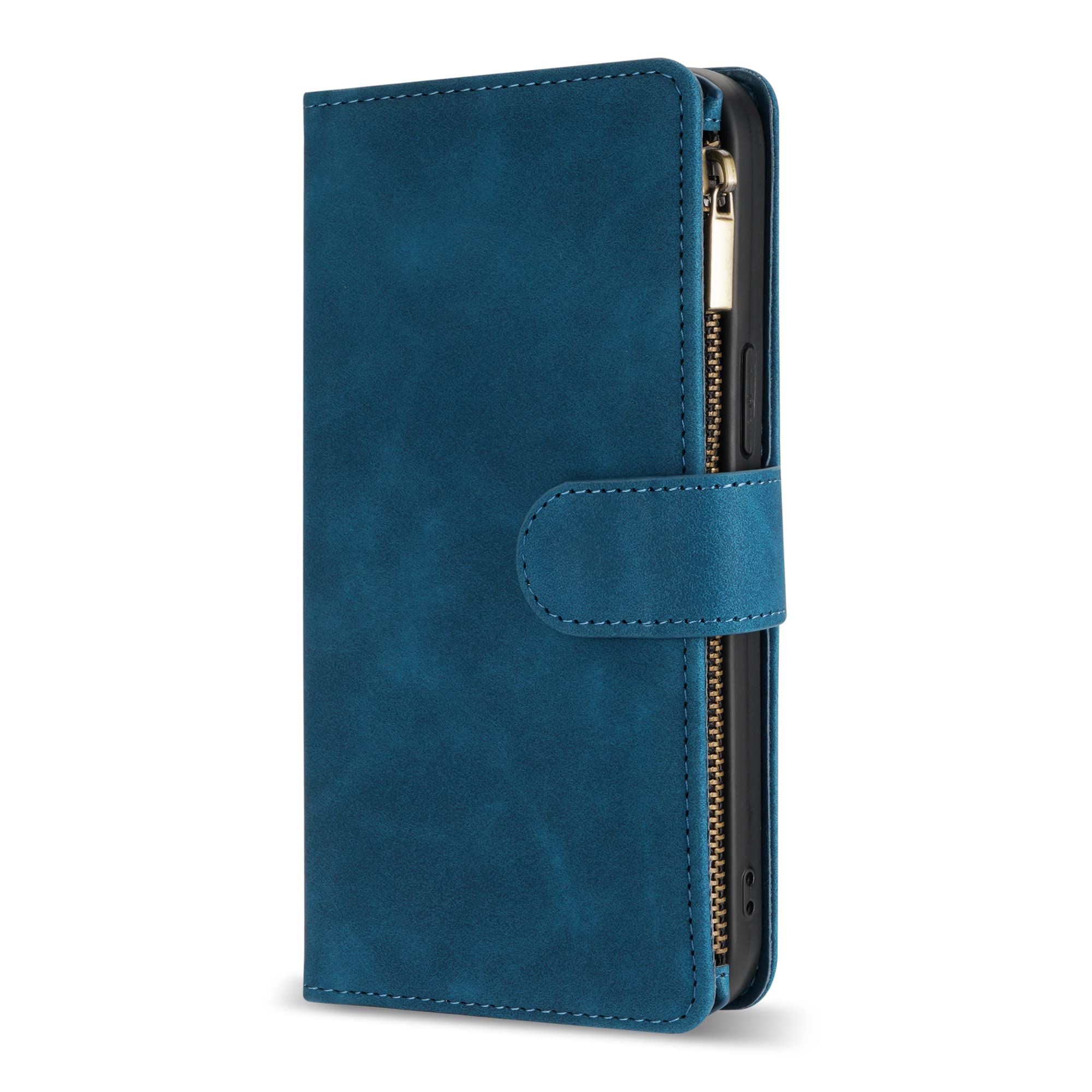 Premium Soft PU Leather Zipper Flip Folio Wallet Case for iPhone 12 Pro Max (6.7 inch) - Card Slots, Wrist Strap & Kickstand - Protective Blue Cover for Everyday Use, Travel & Business