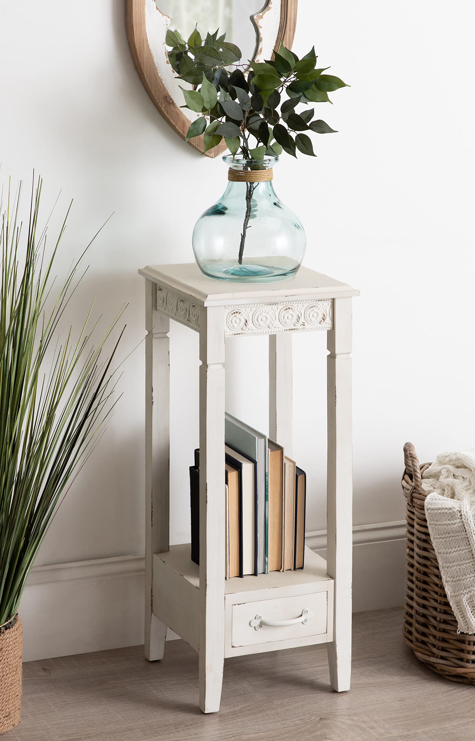 Kate & Laurel Idabelle Modern Farmhouse Wood Accent Table - Decorative Metal Skirt Plant Stand in Soft White | Perfect for Living Room Decor, Bedroom Side Table or Indoor Plant Display