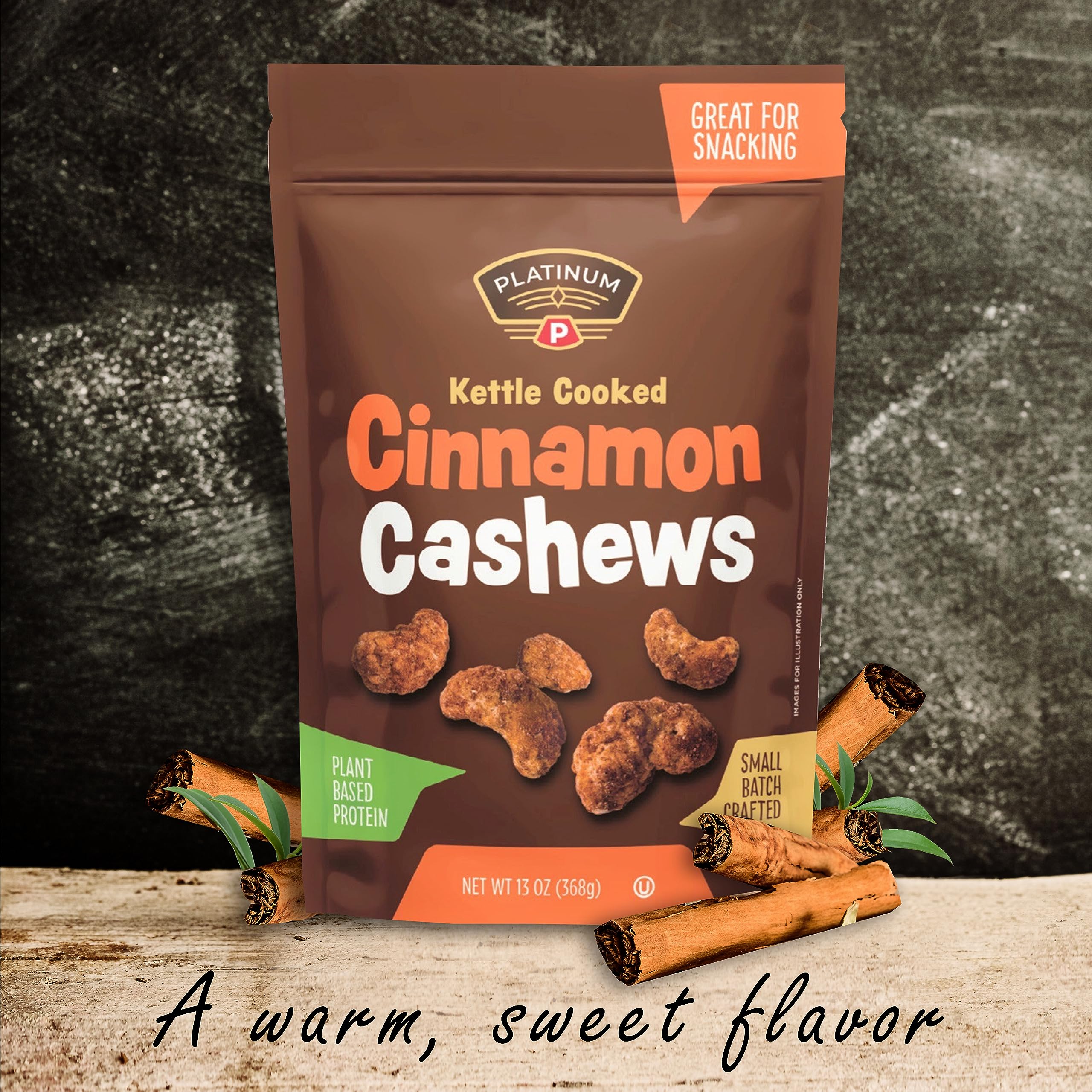 Premium Platinum Kettle Cooked Cinnamon Cashews - Vegan Protein Snack with Fiber | Sweet & Spicy Flavored Healthy Nuts | 13oz Resealable Pouch for Home, Office, Gym & School | Perfect for Energy Boosting & On-the-Go Snacking