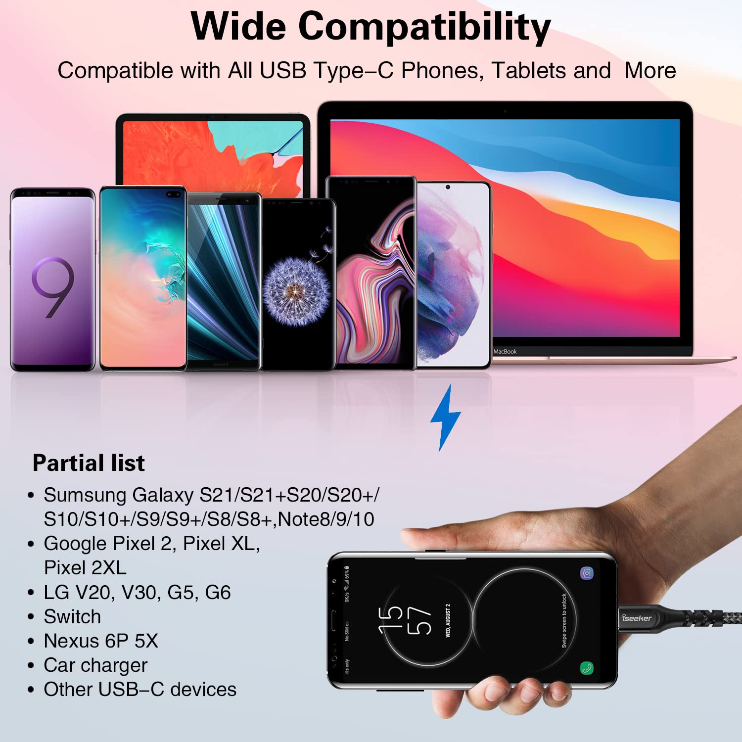 iSeekerKit 3-Pack 1.5FT USB A to USB C Fast Charging Cable - High-Speed Data Sync Cord Compatible with Samsung Galaxy S20/S10/Note 20, iPhone 15/14/13, iPad Pro - Perfect for Home, Office & Travel Charging