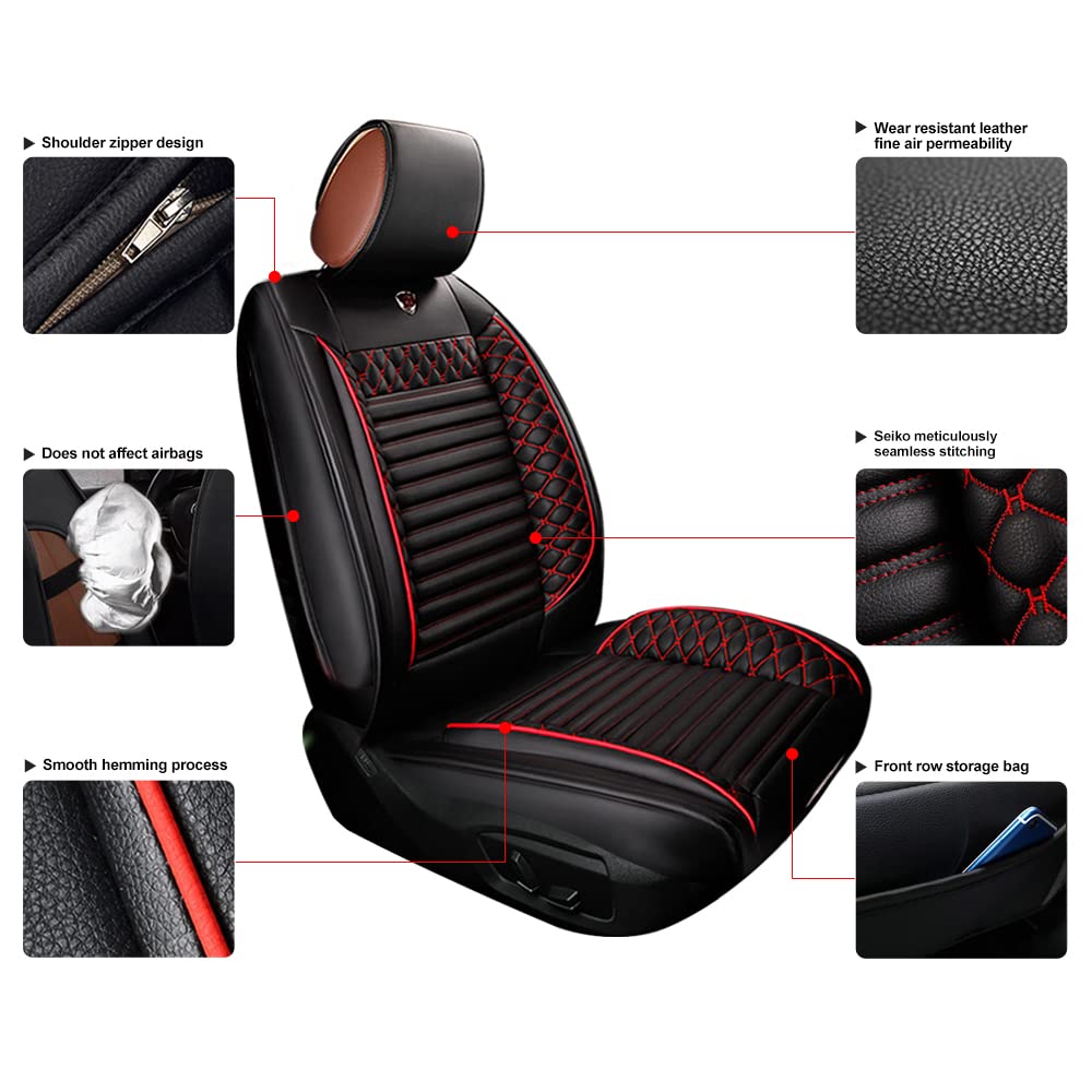 Custom PU Leather Car Seat Covers for Dodge Avenger, Caravan, Charger, Challenger, Dart, Durango, Journey, Viper - 5-Seat Full Set with Needlework Design, Black & Red - Perfect for Road Trips, Daily Commutes & Car Protection