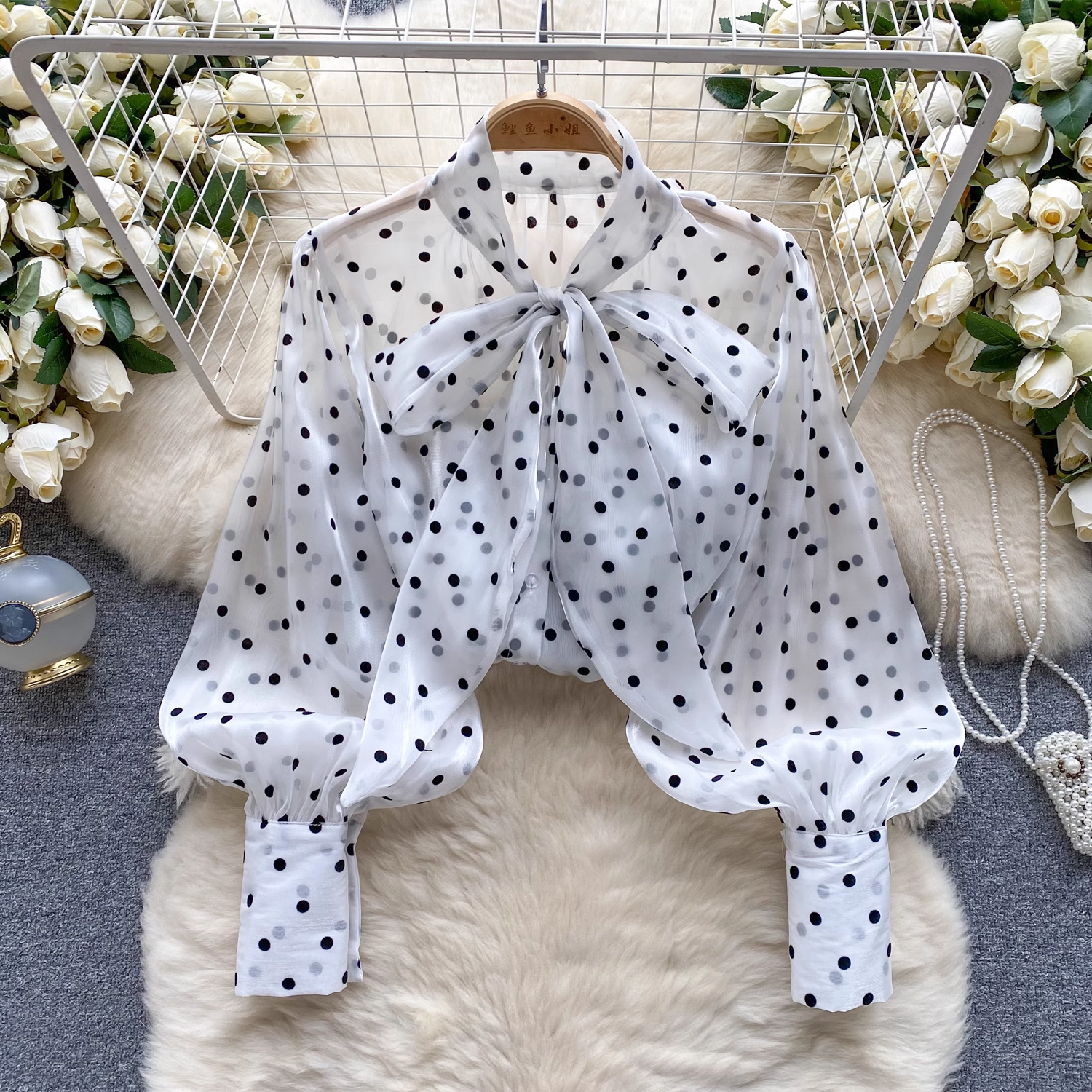 French Style Polka Dot Blouse with Puff Sleeves & Bow Detail - Women's Elegant Casual Top (L12) | Perfect for Office Wear, Date Nights & Spring Outfits