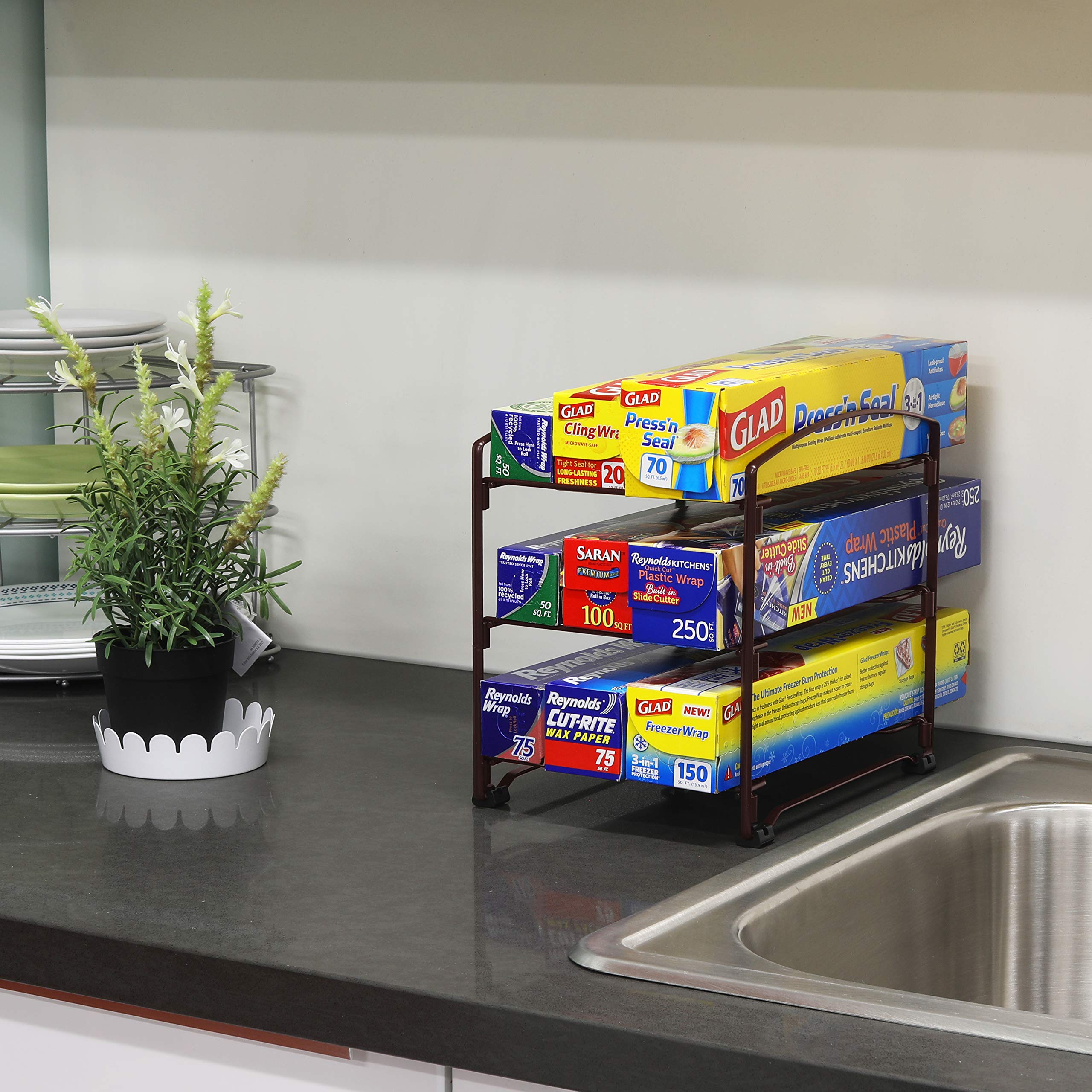 Bronze Kitchen Wrap Organizer Rack - Space Saving Foil, Plastic Wrap & Parchment Paper Holder for Pantry, Cabinet or Countertop Storage