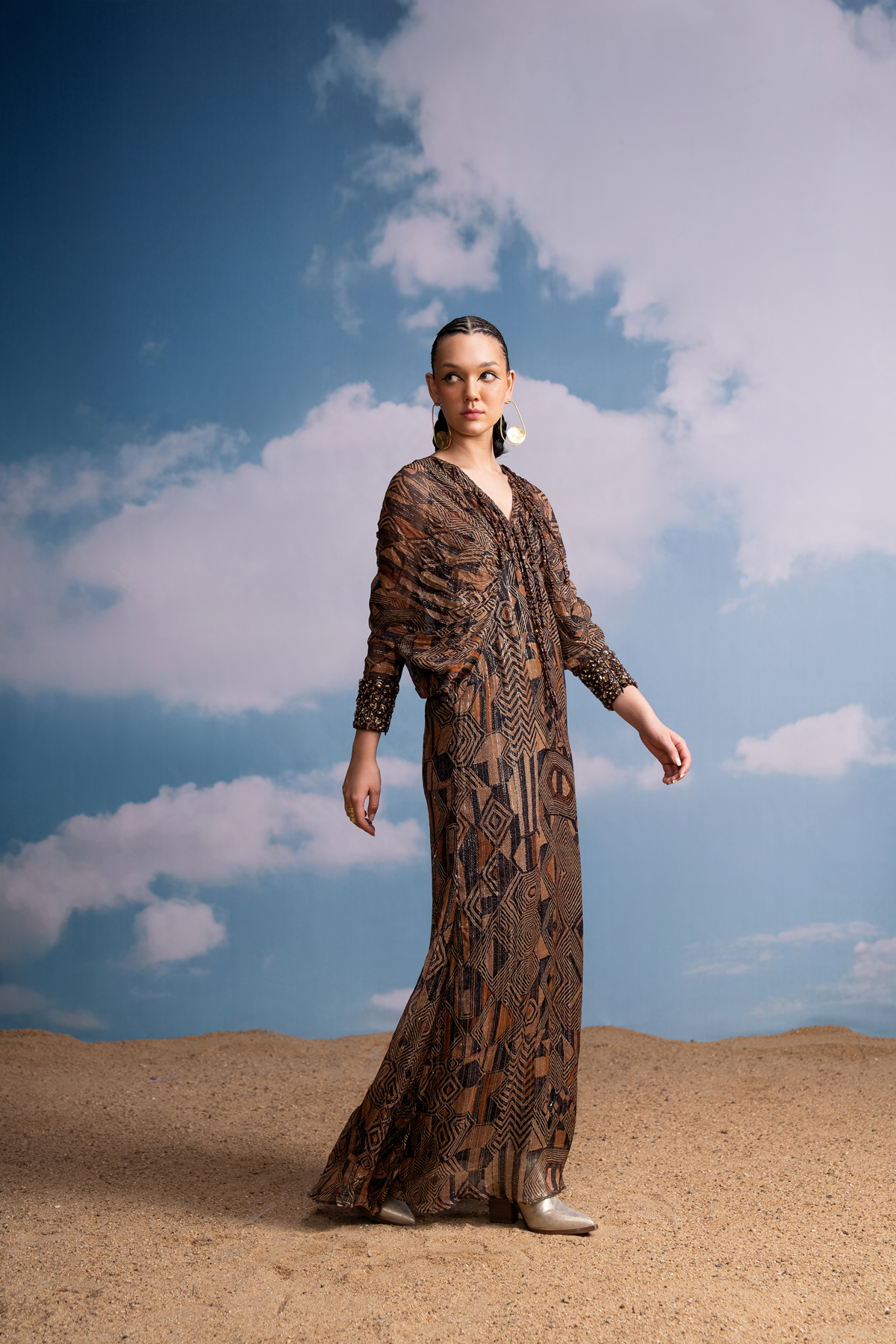 Elegant Brown Geometric Kimono Dress with Handmade Tassels & Embroidered Cuffs | Boho Chic Women's Fashion for Casual Wear, Beach Cover-Up & Special Occasions