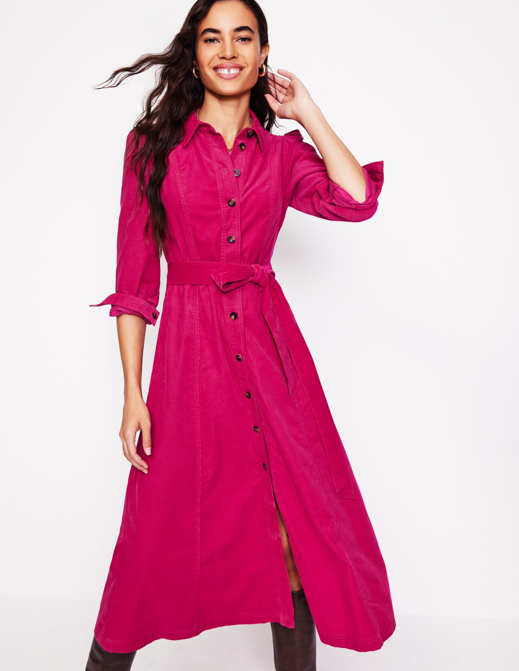 Aubrey Cord Midi Shirt Dress in Cherry Jam - Stylish Casual & Office Wear for Women