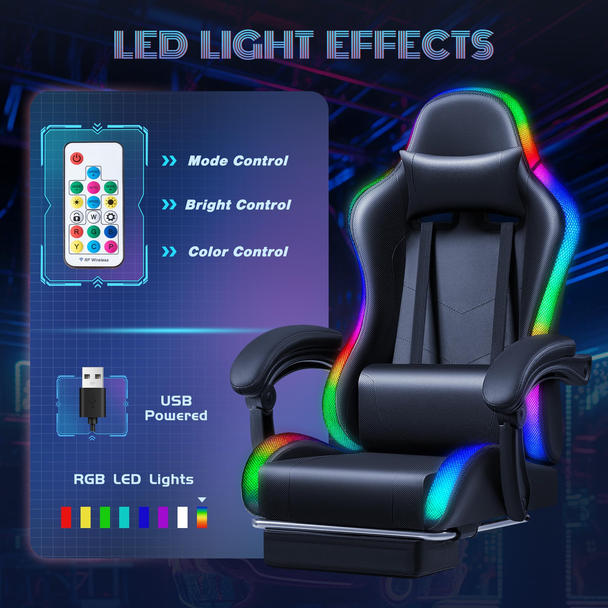 Furmax Ergonomic Gaming Chair with RGB LED Lights, Massage & Footrest - High Back Reclining Computer Chair with Headrest & Lumbar Support - Swivel Gamer Chair for PC, Console & Office (LED Black) - Perfect for Esports, Streaming & Long Gaming Sessions