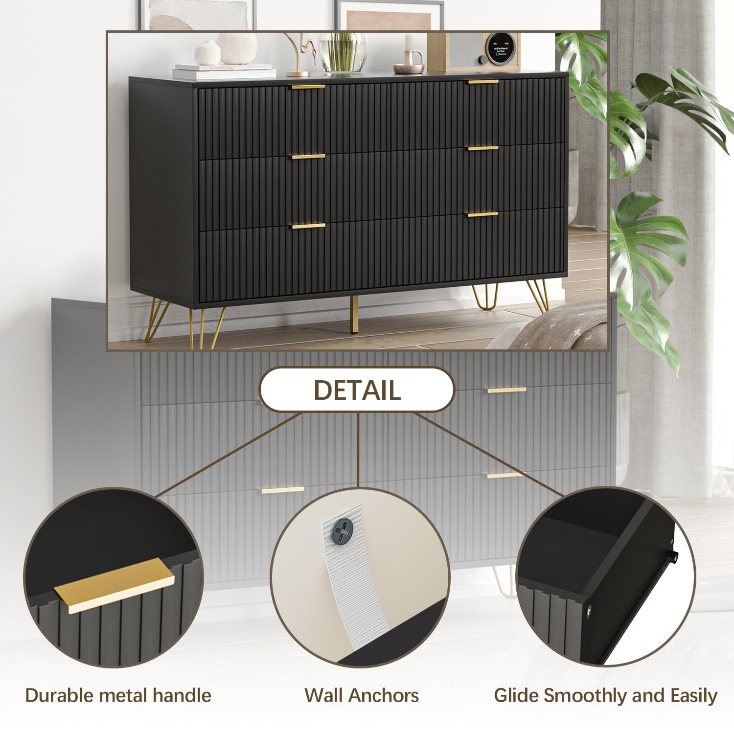 Modern Black Dresser for Bedroom - 6 Drawer Chest with Wide Storage & Gold Handles | Perfect for Organizing Clothes, Accessories & Bedroom Essentials