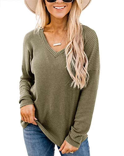 Imily Bela Women's Stretchy V-Neck Waffle Knit Long Sleeve Pullover Tunic Top - Casual Comfort Shirt for Work, Fall Layering & Everyday Wear