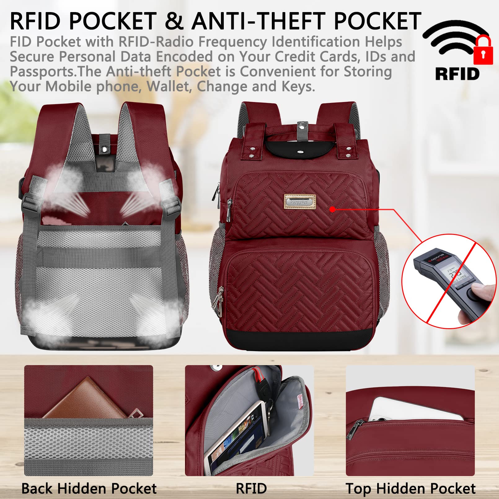 Mogplof Insulated Lunch Backpack for Women - Water-resistant Cooler Backpack with USB Port & RFID Pockets, Fits 15.6 Inch Laptop, Red - Perfect for College, Nurse Work, Travel, and Outdoor Adventures