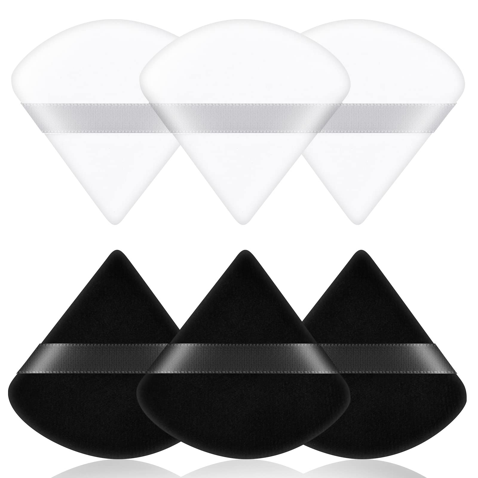 AUAUY 6-Piece Pure Cotton Soft Triangle Wedge Makeup Powder Puffs - Velour Cosmetic Sponge for Loose Powder, Mineral Powder & Body Powder (3 Black + 3 White) | Ideal for Flawless Foundation Application & On-the-Go Touchups