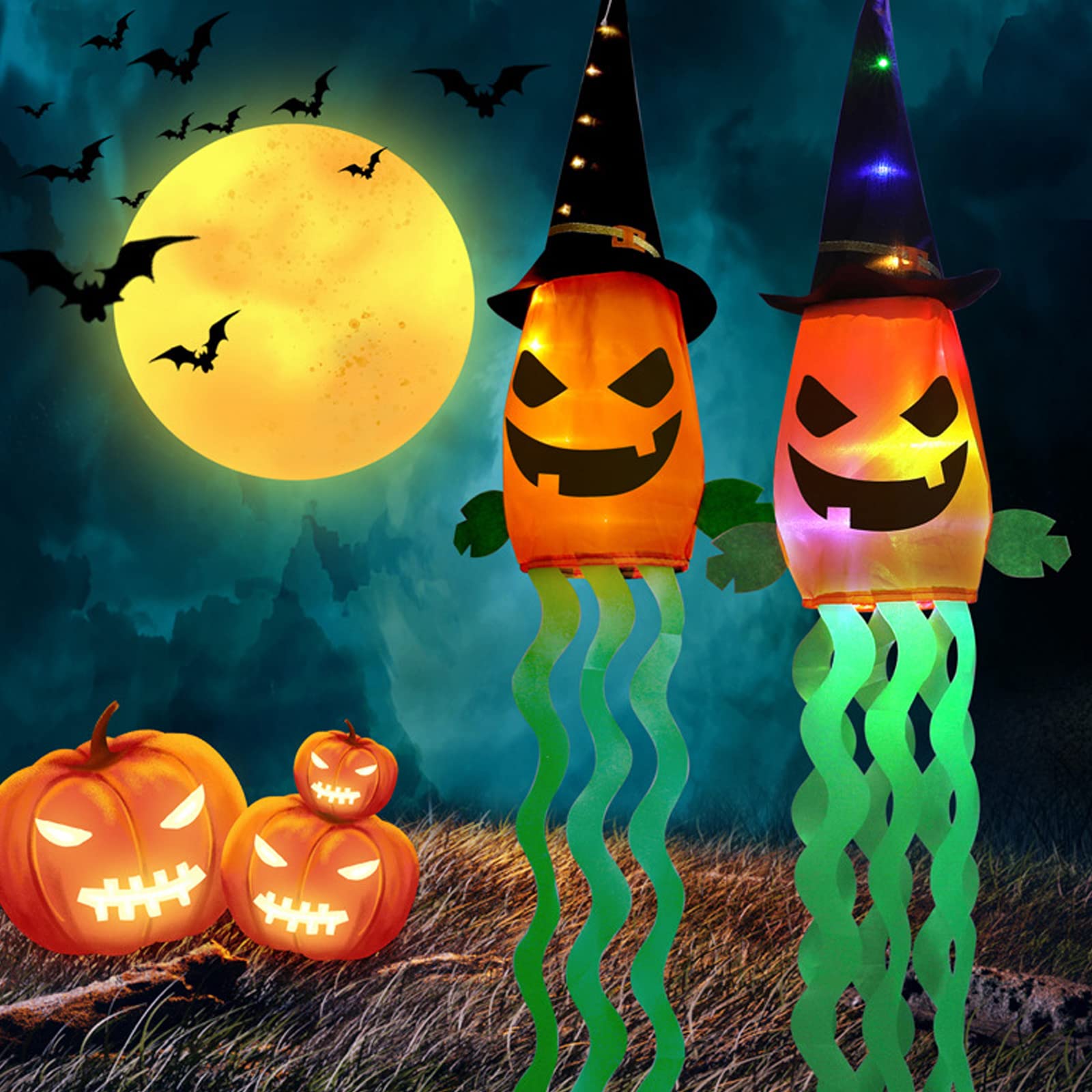 2PCS Halloween Windsock Flag - 61 Inch Large 3D Pumpkin Decor with Warm Yellow LED Lights, Outdoor Hanging Decorations for Yard, Patio, Garden Pathway & Halloween Party | Perfect for Spooky Outdoor Lighting and Festive Halloween Atmosphere