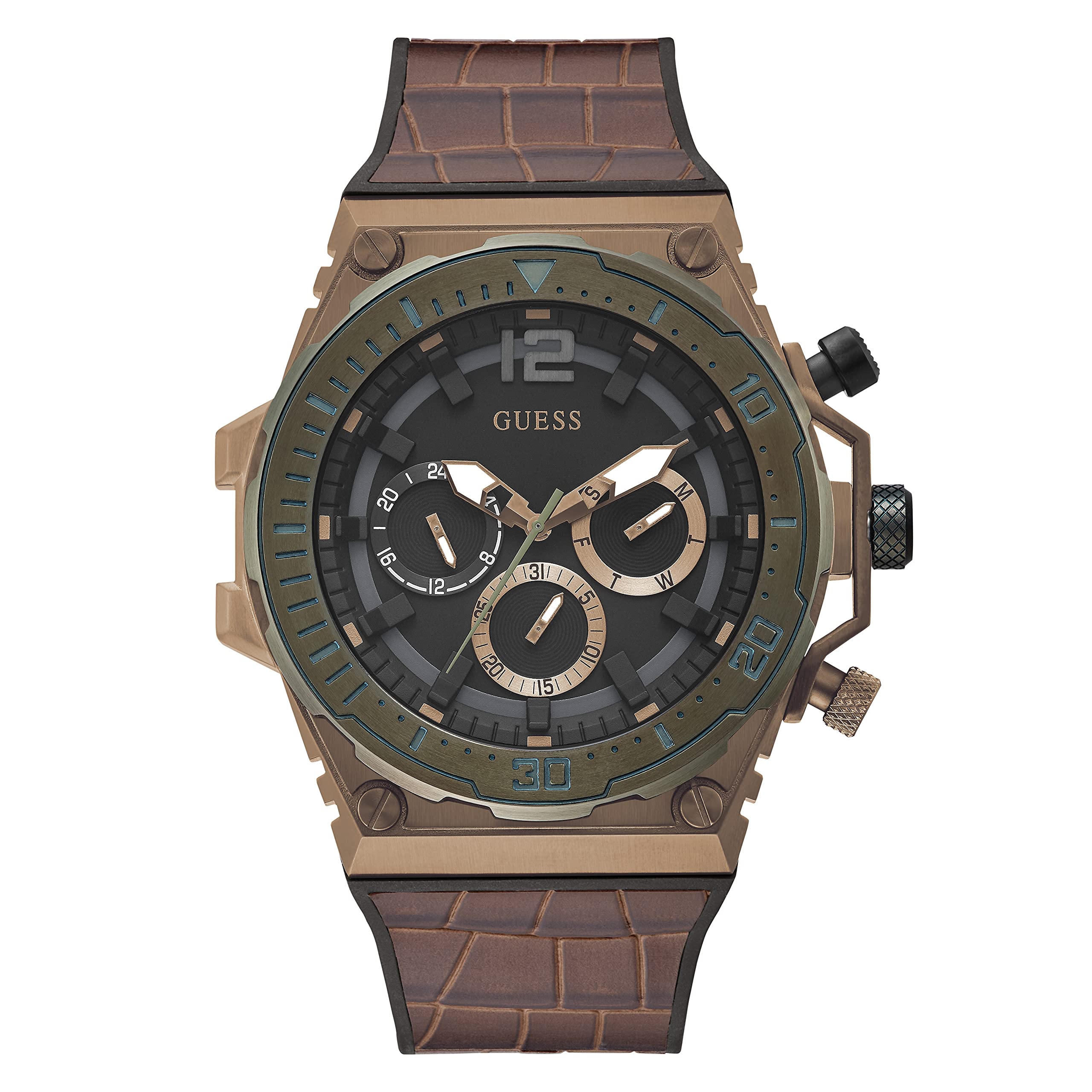 GUESS Brown Leather Strap Watch for Men - Adjustable Flex Band, Water Resistant, Casual & Dress Style - Perfect for Office, Date Night & Everyday Wear