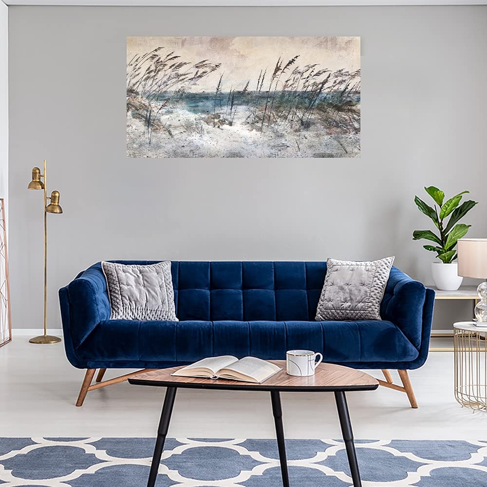 Morning Sea Grass Light Canvas Wall Art - Hand Painted Fine Art Decor for Living Room, Bedroom, Office - 40x21 Inch Ready to Hang Painting - Coastal & Nature Inspired Home Décor for Bathroom, Kitchen, Bar & Guest Room