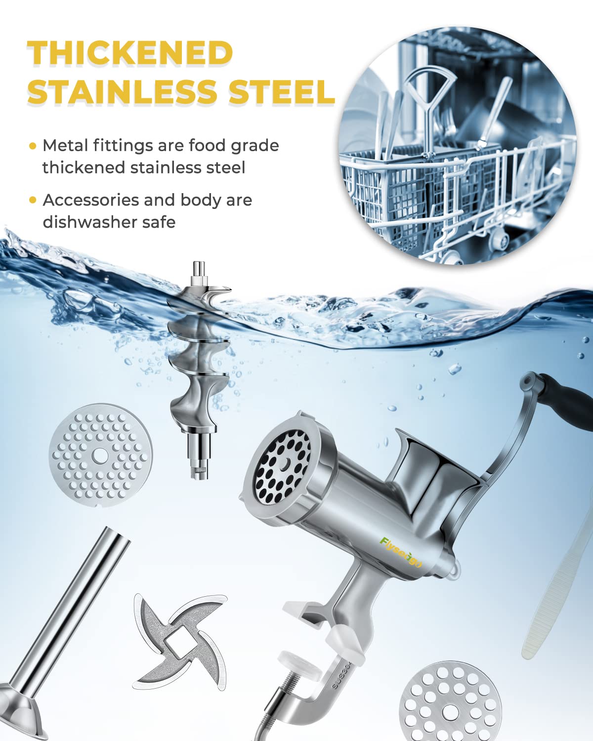 Stainless Steel Manual Meat Grinder - Heavy Duty Hand Cranked Food Mincer for Ground Beef, Sausage, Vegetables | Home Kitchen Use, Camping & Outdoor Cooking | Dishwasher Safe (#10 Size)