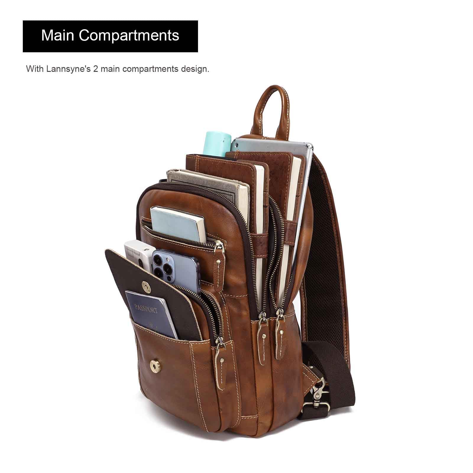 LANNSYNE Genuine Full Grain Leather Crossbody Sling Bag for Men - Waterproof Chest Shoulder Bag for Hiking, Travel & Business - Fits 12.9