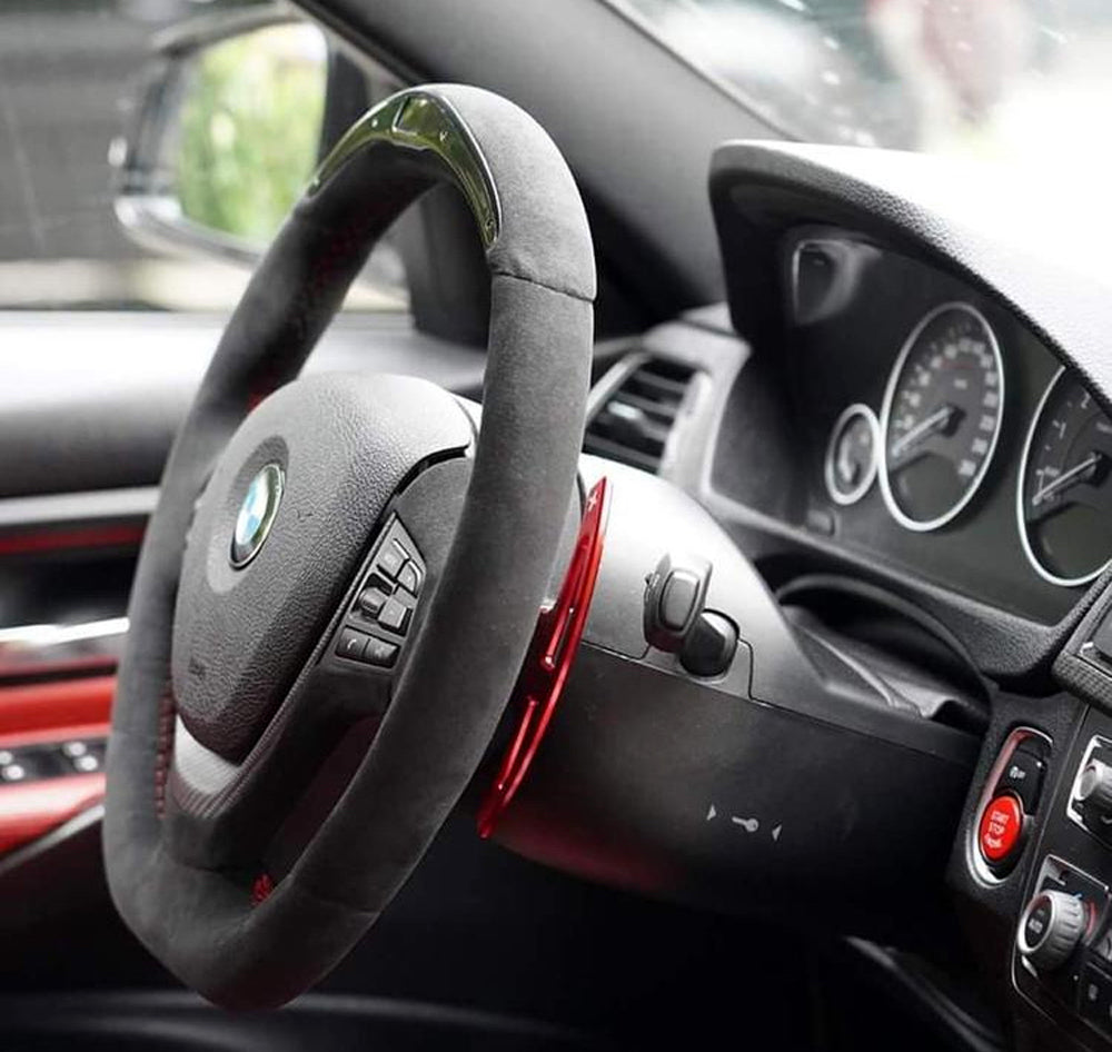 High-Performance CNC Red Aluminum Steering Wheel with Larger Paddle Shifters - Compatible with BMW EXX M3 M6 X5M X6M - Perfect for Racing & Street Driving