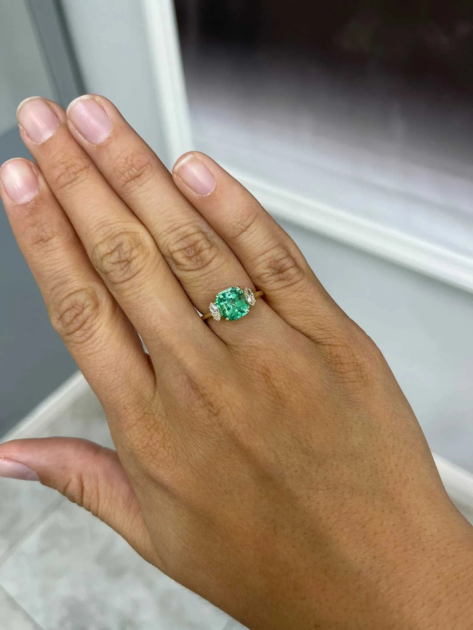 2.96tcw 18K Gold Three Stone Asscher Cut Emerald & Marquise Diamond Engagement Ring for Women - Perfect for Proposals, Anniversaries, and Special Occasions