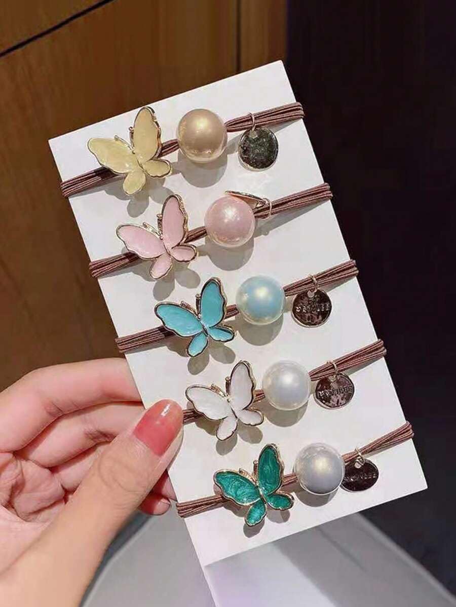 5PCS Pearl Butterfly Hair Ties for Women & Girls - Elegant Scrunchie Elastic Hair Bands, Cute Ponytail Holders for School, Work, Parties & Everyday Use