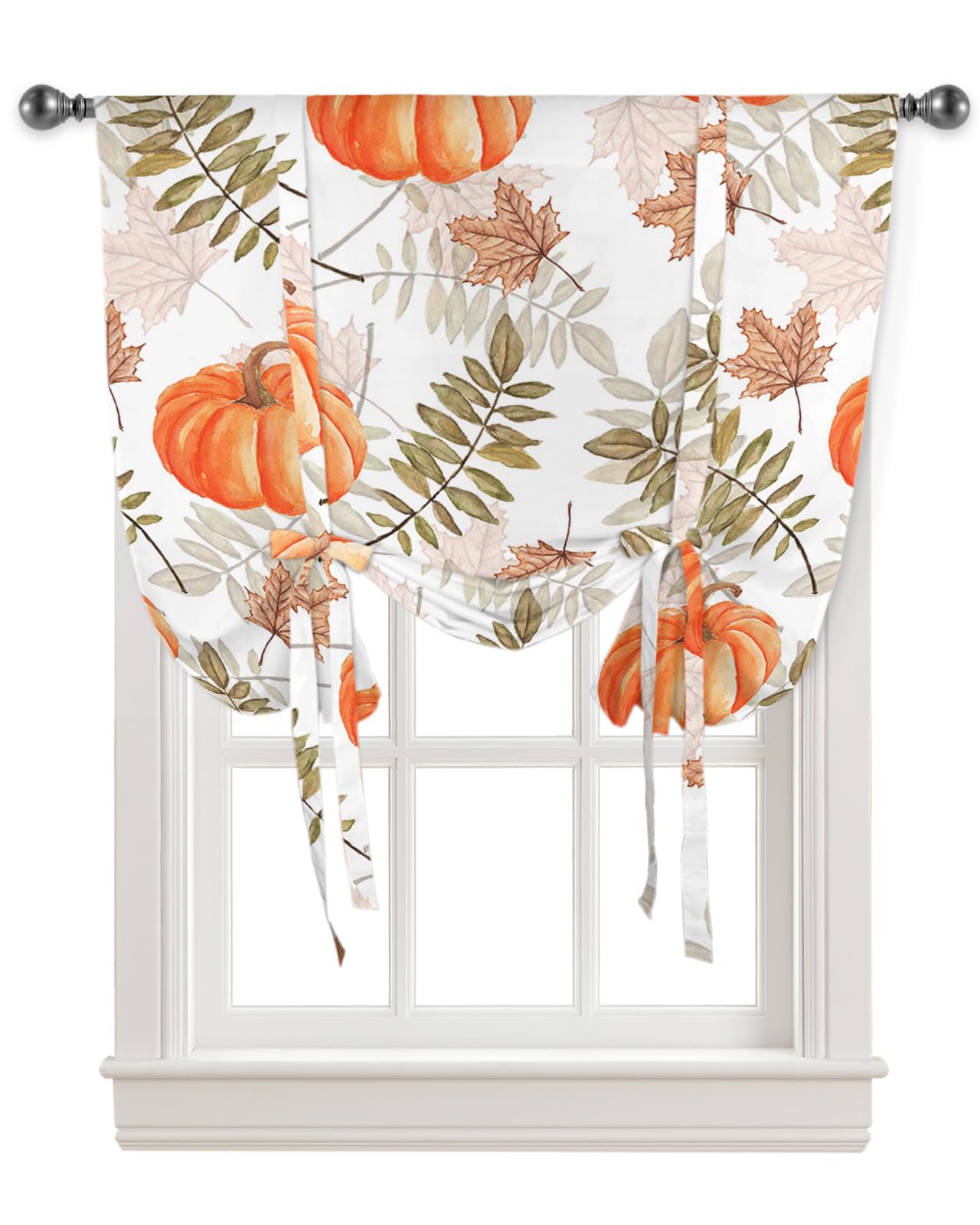 Thanksgiving Window Curtains - Orange Pumpkin & Maple Leaf Thermal Insulated Balloon Shade with Adjustable Rod Pocket, 42x45 Inches - Perfect for Kitchen, Bathroom & Café Decor During Fall Season