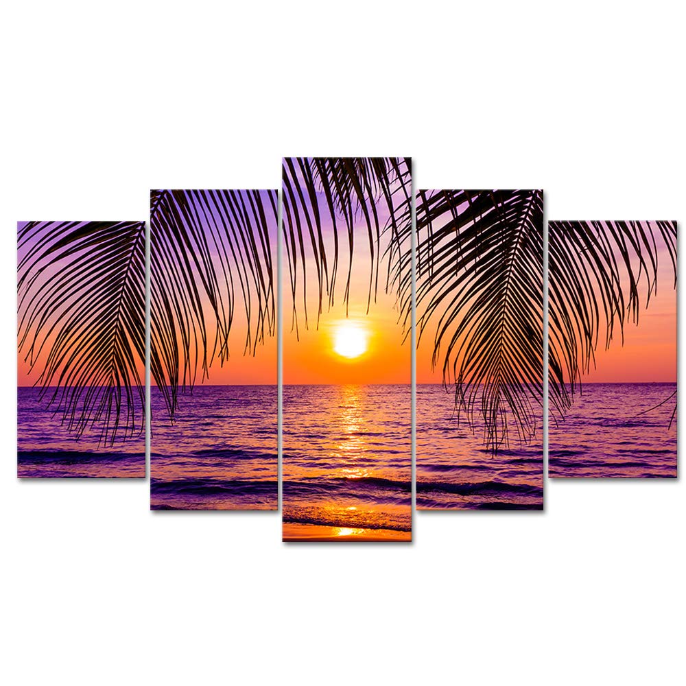 5 Piece Golden Seascape Ocean Beach Wall Art - Hawaii Sunset Canvas Prints, Stretched & Framed Ready to Hang - Modern Coastal Decor for Living Room, Bedroom & Office