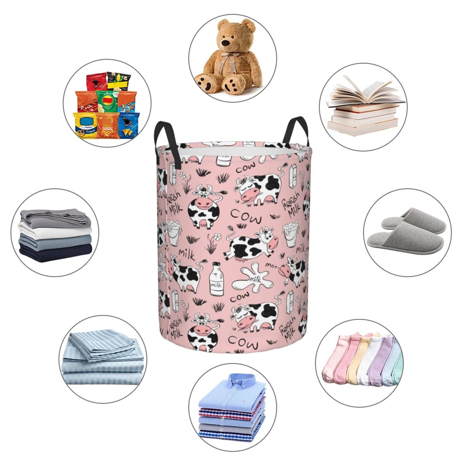 Funny Cow Milk Print Collapsible Laundry Basket with Handle - Waterproof Fabric Hamper Organizer for Dirty Clothes, Toys & Bathroom Storage - Large Capacity Laundry Bin for Home, Dorm & Nursery Use
