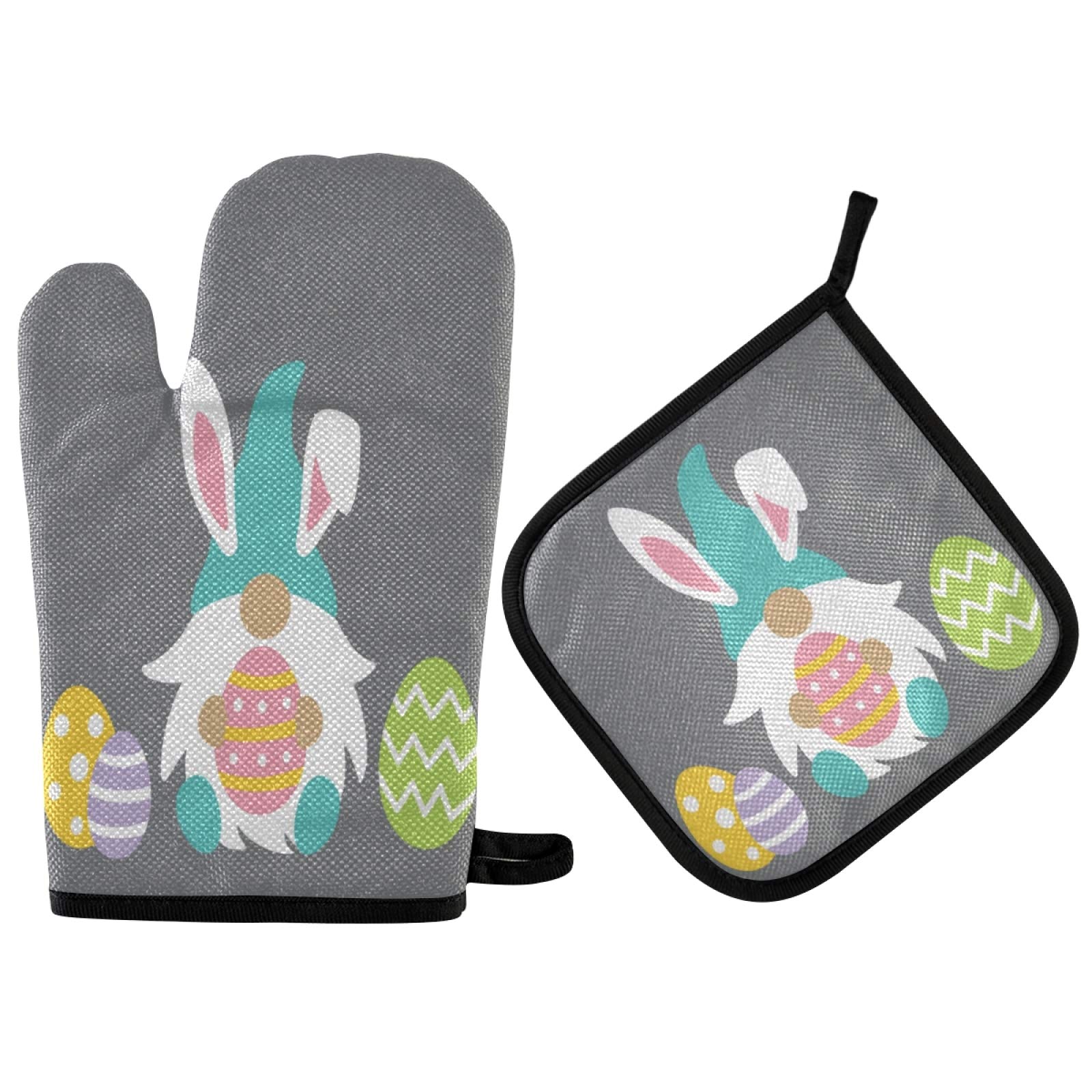 Cute Bunny Gnome Oven Mitts and Pot Holders Set - Heat Resistant Kitchen Gloves for Baking, Cooking & BBQ - Easter Home Decor & Gift Idea