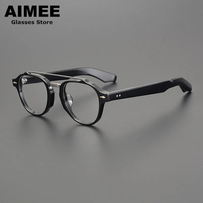 Aimee Unisex Full Rim Round Double Bridge Acetate Titanium Eyeglasses Frame 6818 - Lightweight & Durable Glasses for Work, Reading & Fashion