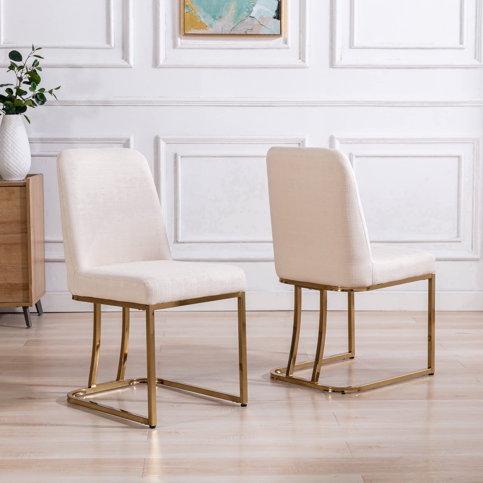 2 Piece Modern Linen Dining Chair Set - High Back Upholstered Armless Side Chairs for Dining Room & Living Room - Cream Fabric Seating - Perfect for Small Spaces, Breakfast Nooks & Contemporary Home Decor