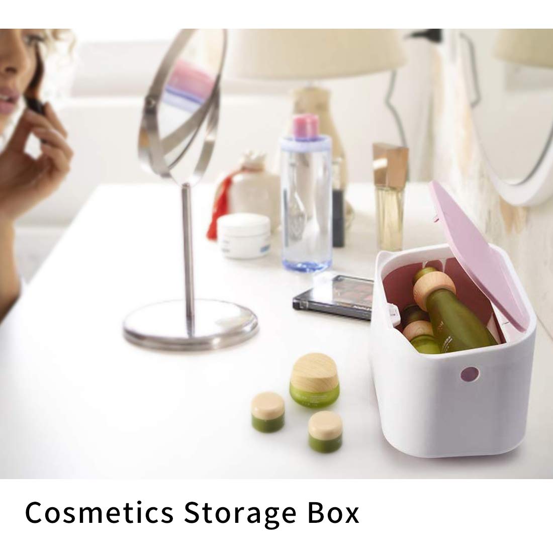 Small Desk Trash Can with Lid - Mini Portable Table Waste Bin for Home, Office, Kitchen, Bathroom & Car - Pink & White Desktop Dustbin for Paper, Snacks & Daily Trash Disposal