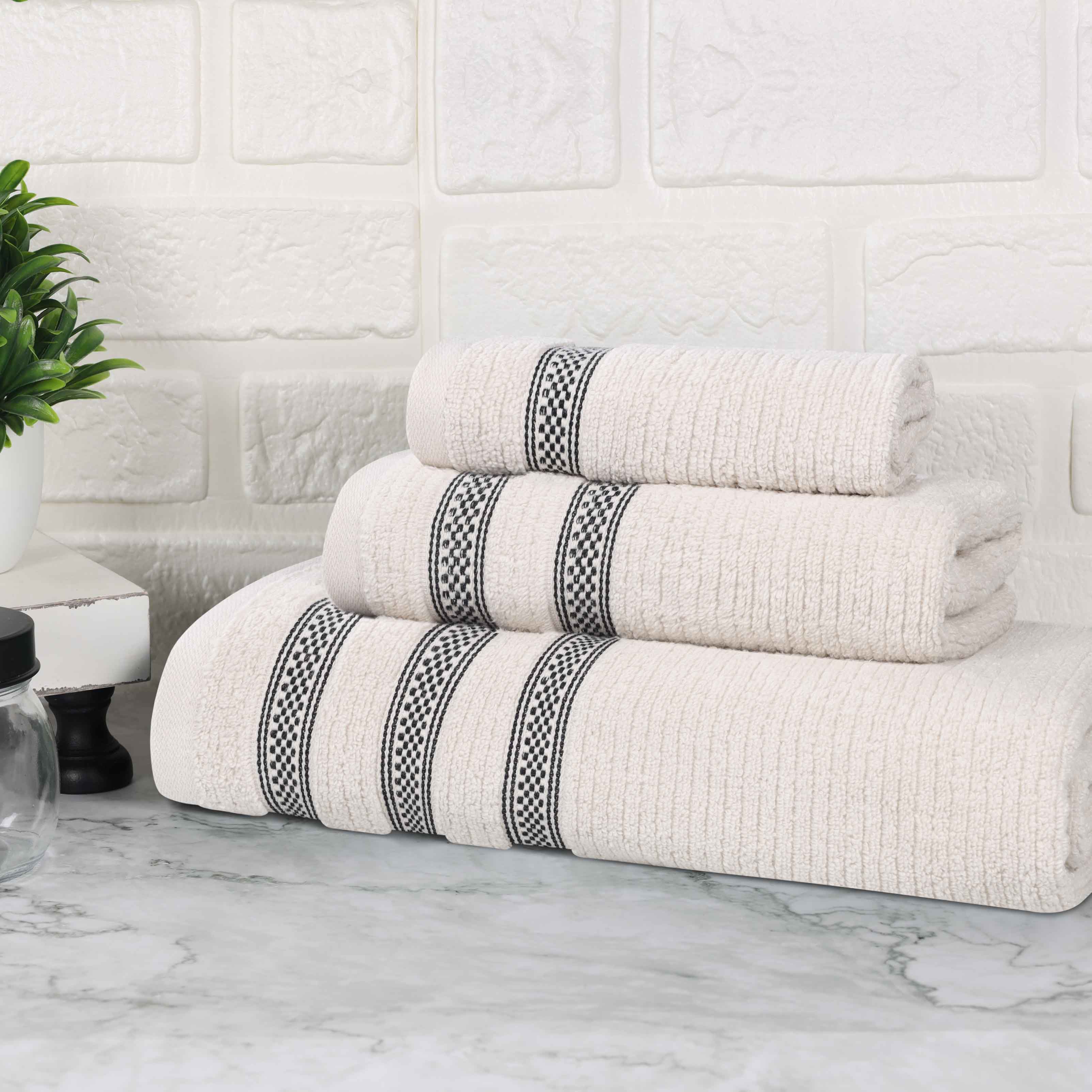 Premium Zero Twist Cotton Ribbed Geometric Border Plush 3-Piece Bath Towel Set - Ultra Soft & Absorbent for Spa, Bathroom & Luxury Home Use