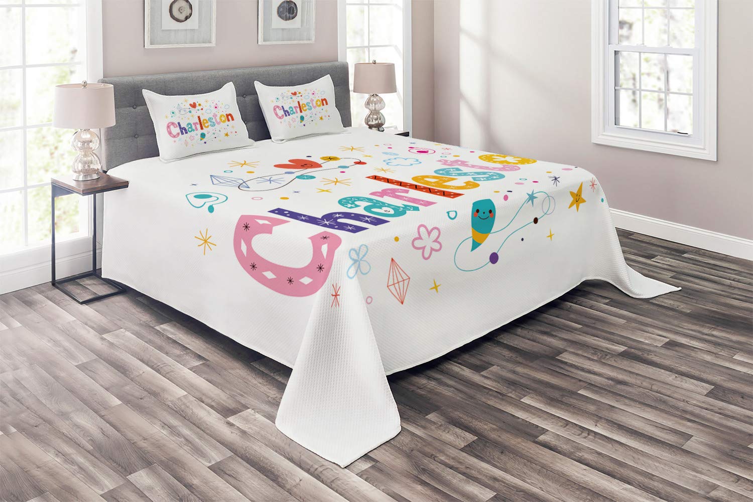 Ambesonne Charleston King Size 3-Piece Quilted Bedspread Set with 2 Pillow Shams - Colorful Ornamental Letters, Cartoon Stars, Diamonds & Flowers Design - Multicolor Decorative Coverlet for Master Bedroom, Guest Room & Dorm Decor