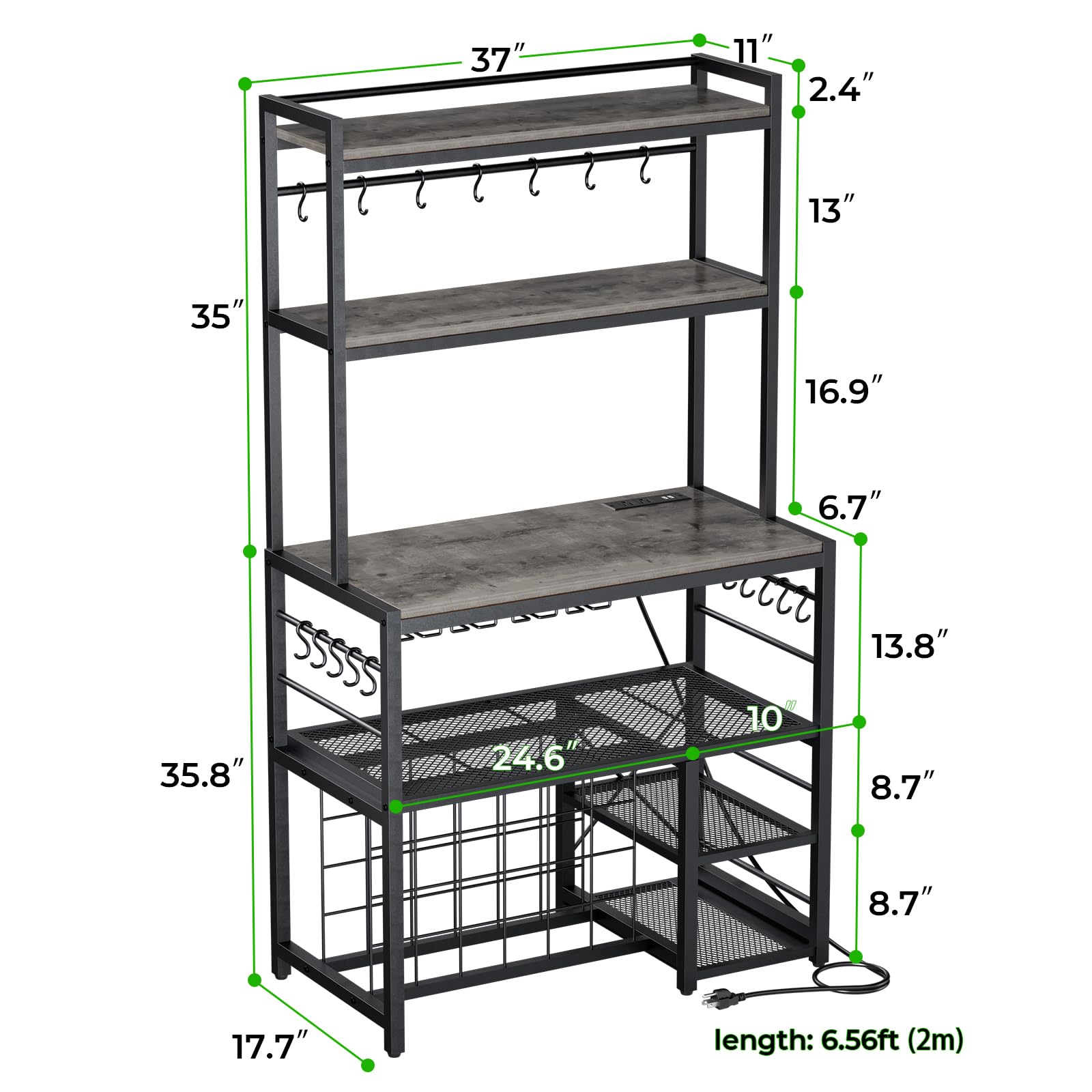 Freestanding Wine Bar Cabinet with Outlet & LED Lights - 4-Tier Movable Storage Shelf, Glass Holder - Durable Kitchen & Dining Room Liquor Cabinet for Home Entertaining, Parties & Wine Storage