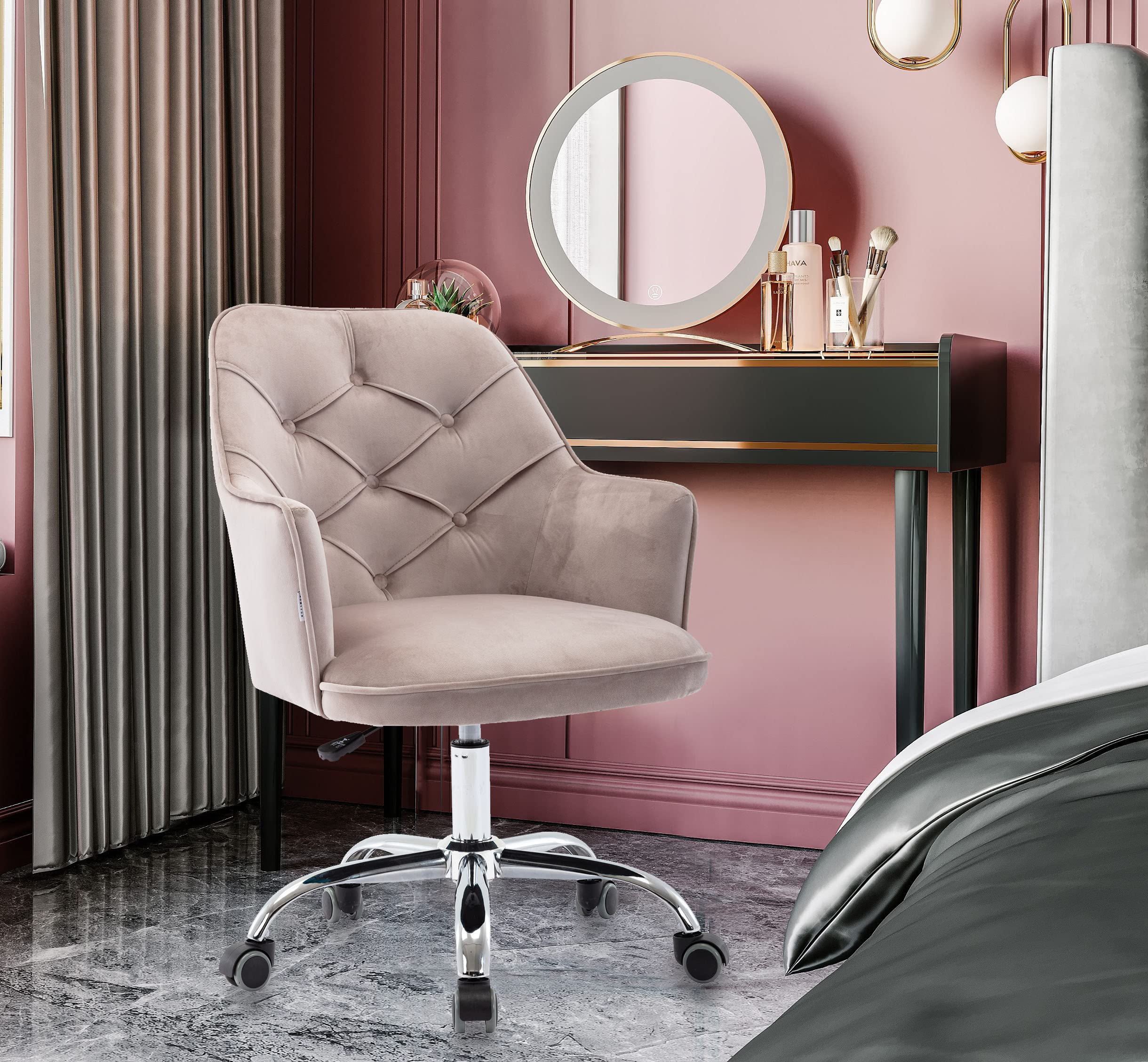 Yoluckea Modern Velvet Office Chair - Adjustable Swivel Ergonomic Desk Chair for Home Office, Living Room & Vanity - Grey Upholstered Executive Task Chair for Adults & Teens - Perfect for Working, Studying & Gaming