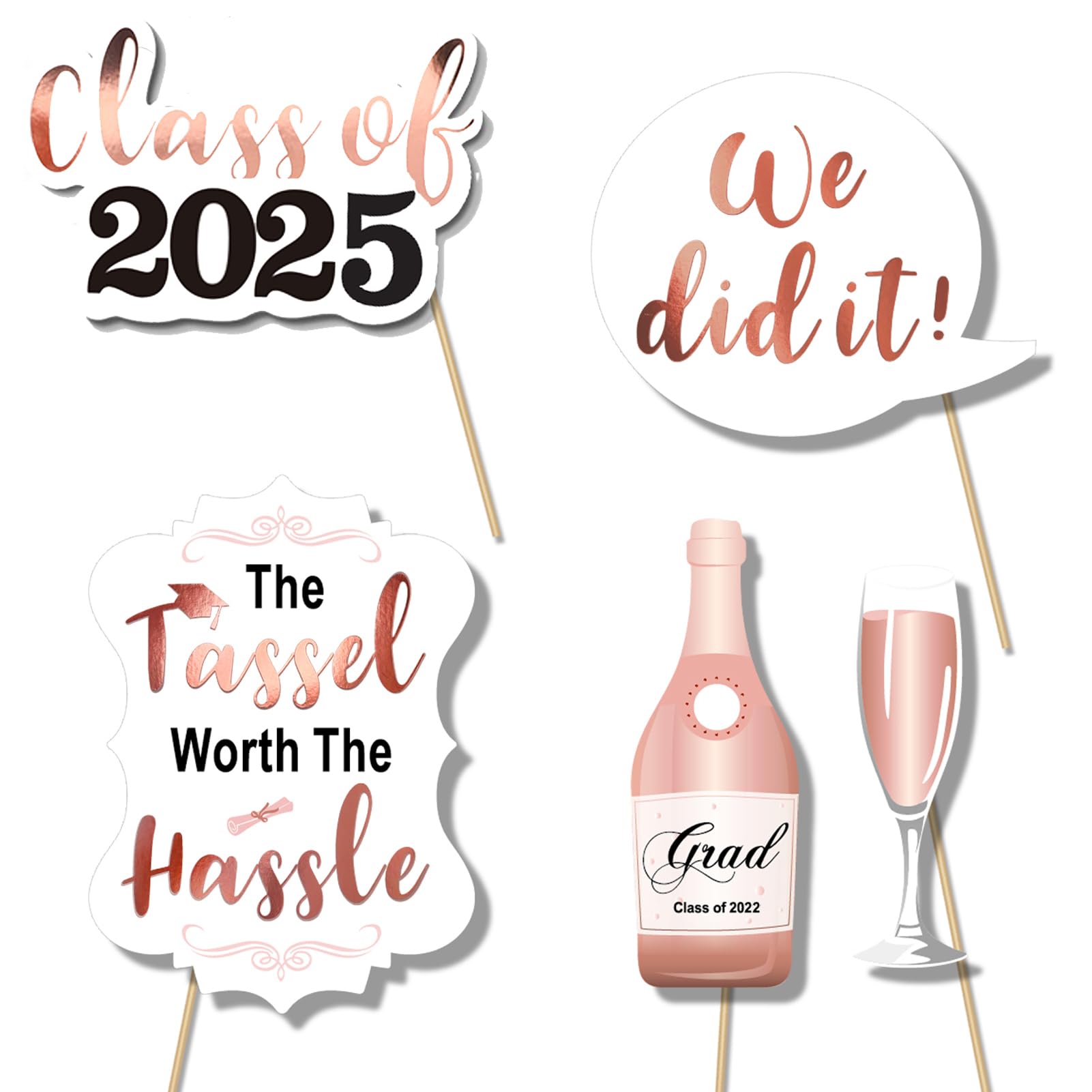 Rose Gold Graduation Photo Booth Props Kit - Class of 2025 Party Decorations with 39 Sticks | Perfect for Graduation Parties, Photo Booths & School Celebrations