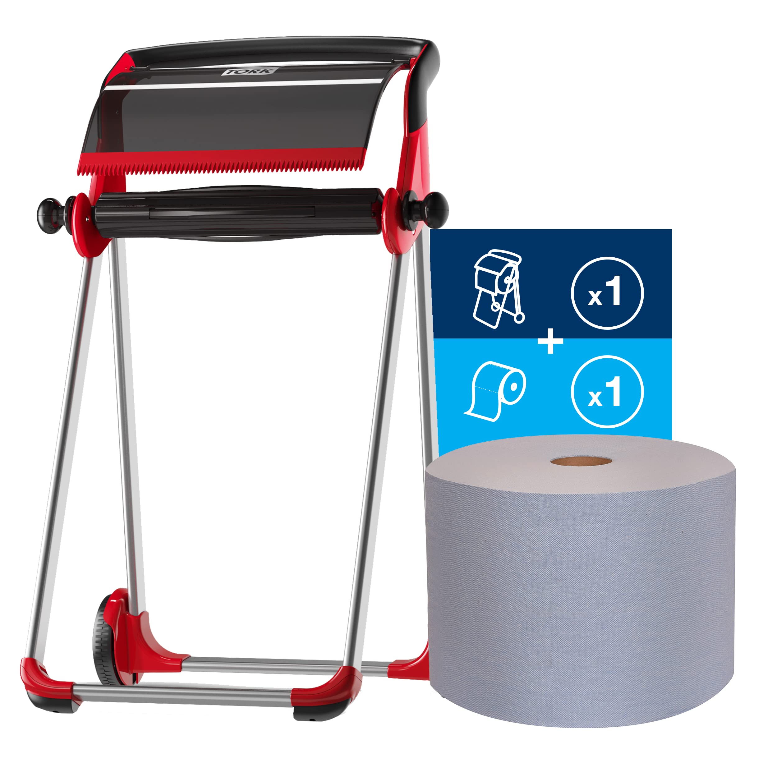 Tork Industrial Floor Stand Paper Towel Roll Dispenser - Heavy-Duty Commercial Paper Towel Holder with 800-Sheet Refill (Red Stand + Blue Wipers) - Ideal for Restaurants, Warehouses & Industrial Facilities