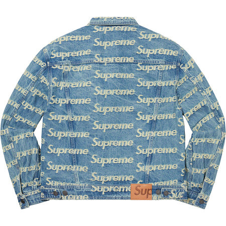 Supreme Frayed Logos Denim Trucker Jacket for Men - Distressed Blue Denim Jacket with Embroidered Patches | Perfect for Streetwear, Casual Outfits & Urban Fashion
