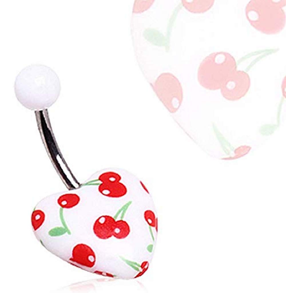 UV Acrylic Cherry Print Heart Belly Button Ring - Cute Cartoon Navel Piercing Jewelry for Women & Teens - Perfect for Summer, Beach, Parties & Everyday Wear