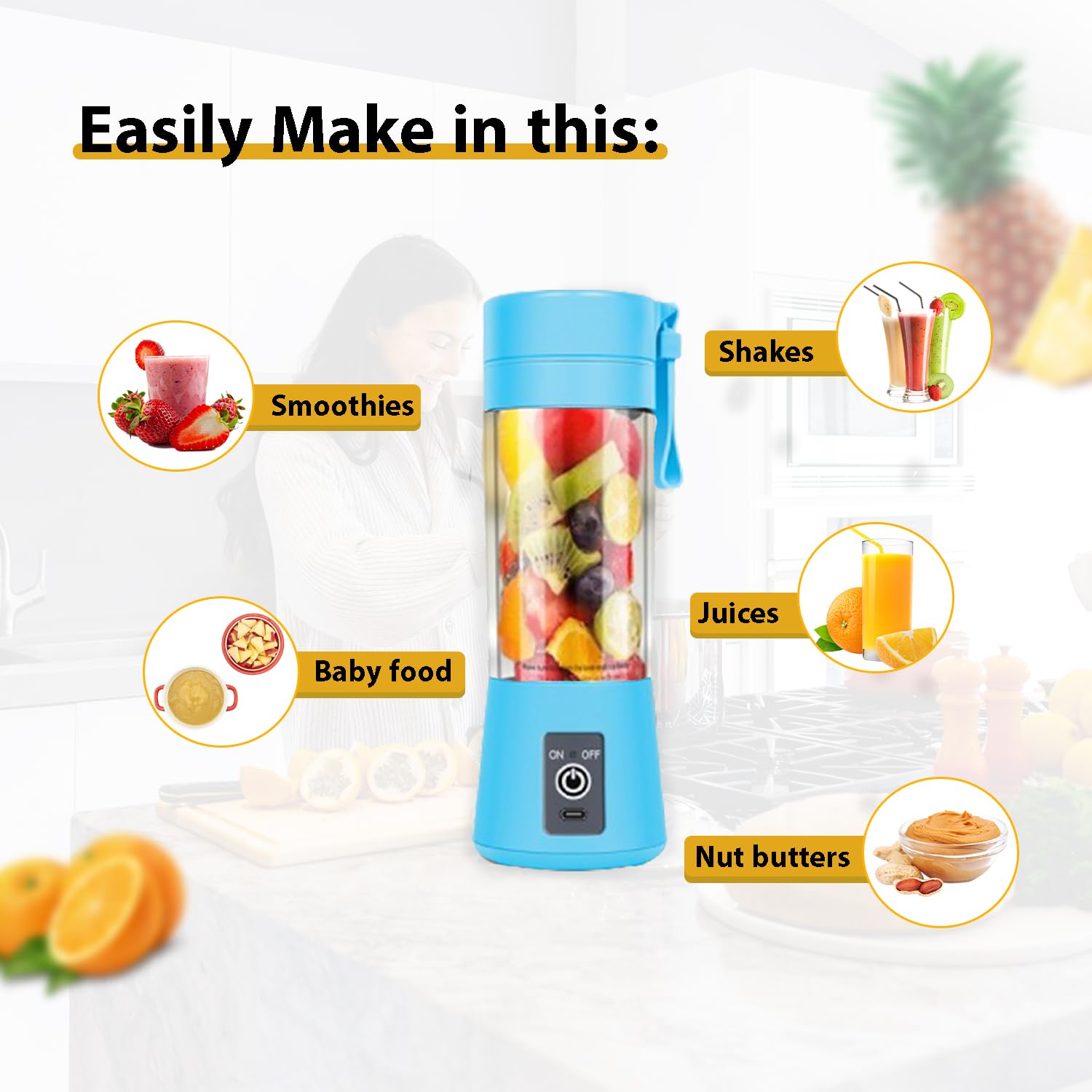 Portable Blender with Powerful Motor - Compact Handbag Size for Smoothies, Shakes & Juices - Glass Jar Blender for Home, Office & Travel (Sky Blue) - Perfect for Gym, Camping & On-the-Go Healthy Drinks