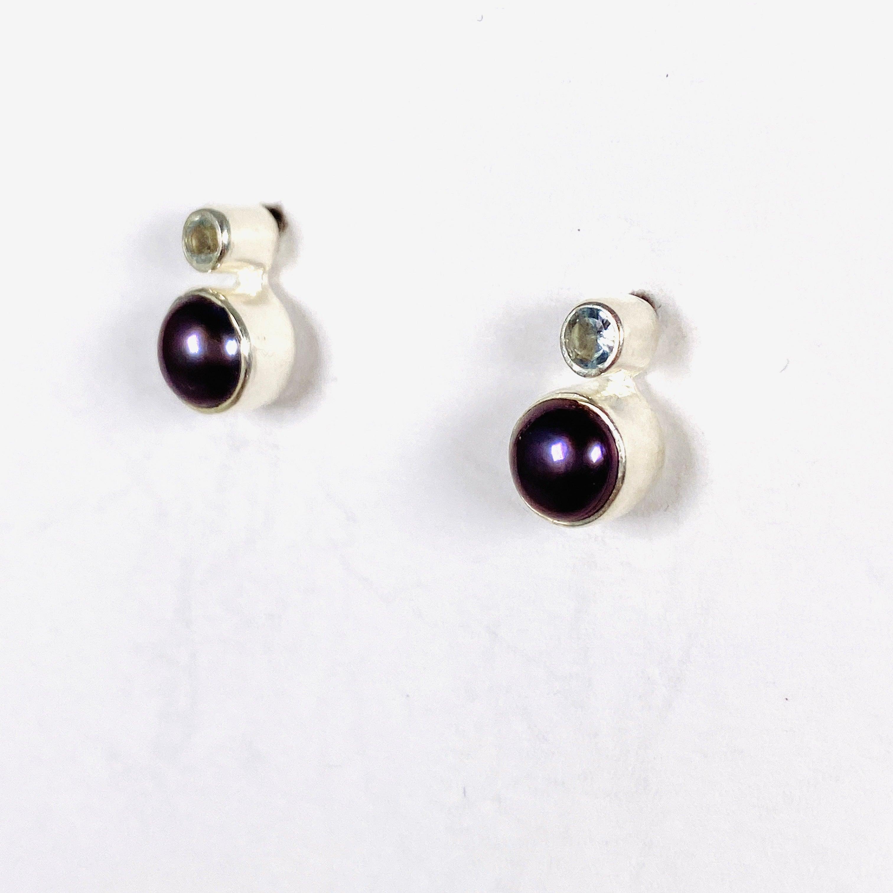 Pearl and Blue Topaz Stud Earrings S259 BTP - Elegant Jewelry for Women, Perfect for Weddings, Parties & Gifts