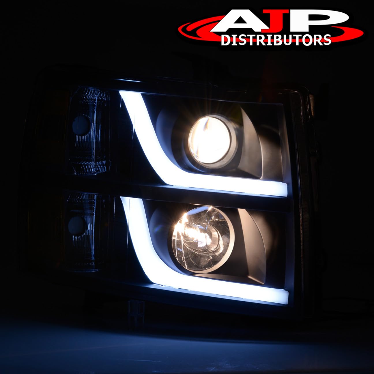 AJP Distributors LED DRL Black Housing Clear Side Reflector Headlights & Red LED Tube Brake Tail Lights Compatible with Chevy Silverado 2007-2013 | Upgrade for Night Driving & Enhanced Visibility