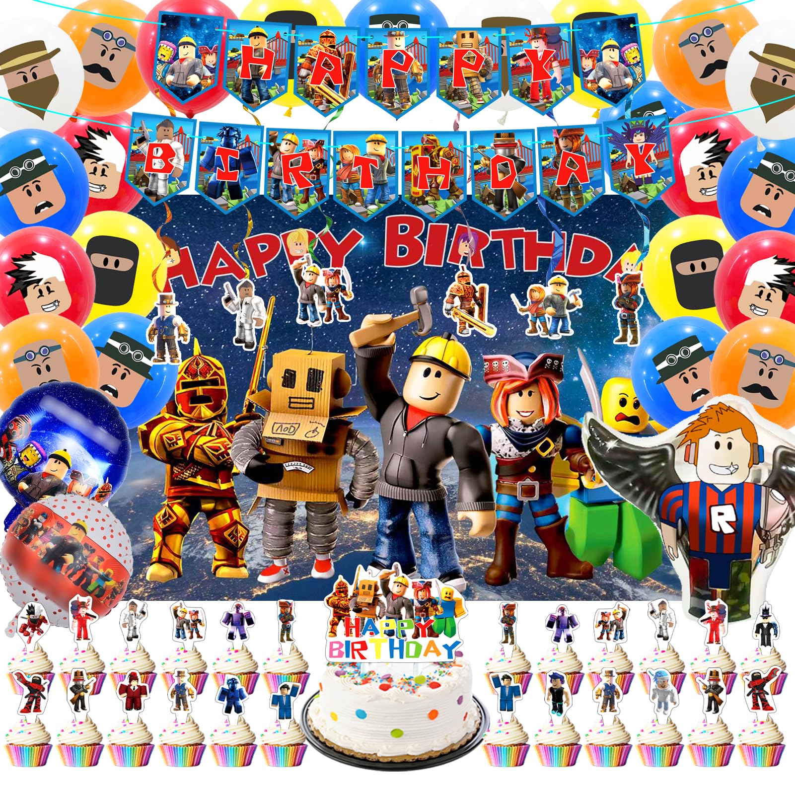 Roblax Birthday Party Supplies Kit - 30 Cupcake Toppers, 6 Hanging Swirls, 20 Latex Balloons, 3 Foil Balloons with Banners & Backdrop for Kids Birthday Party Decorations | Perfect for Themed Parties, Baby Showers & Celebrations