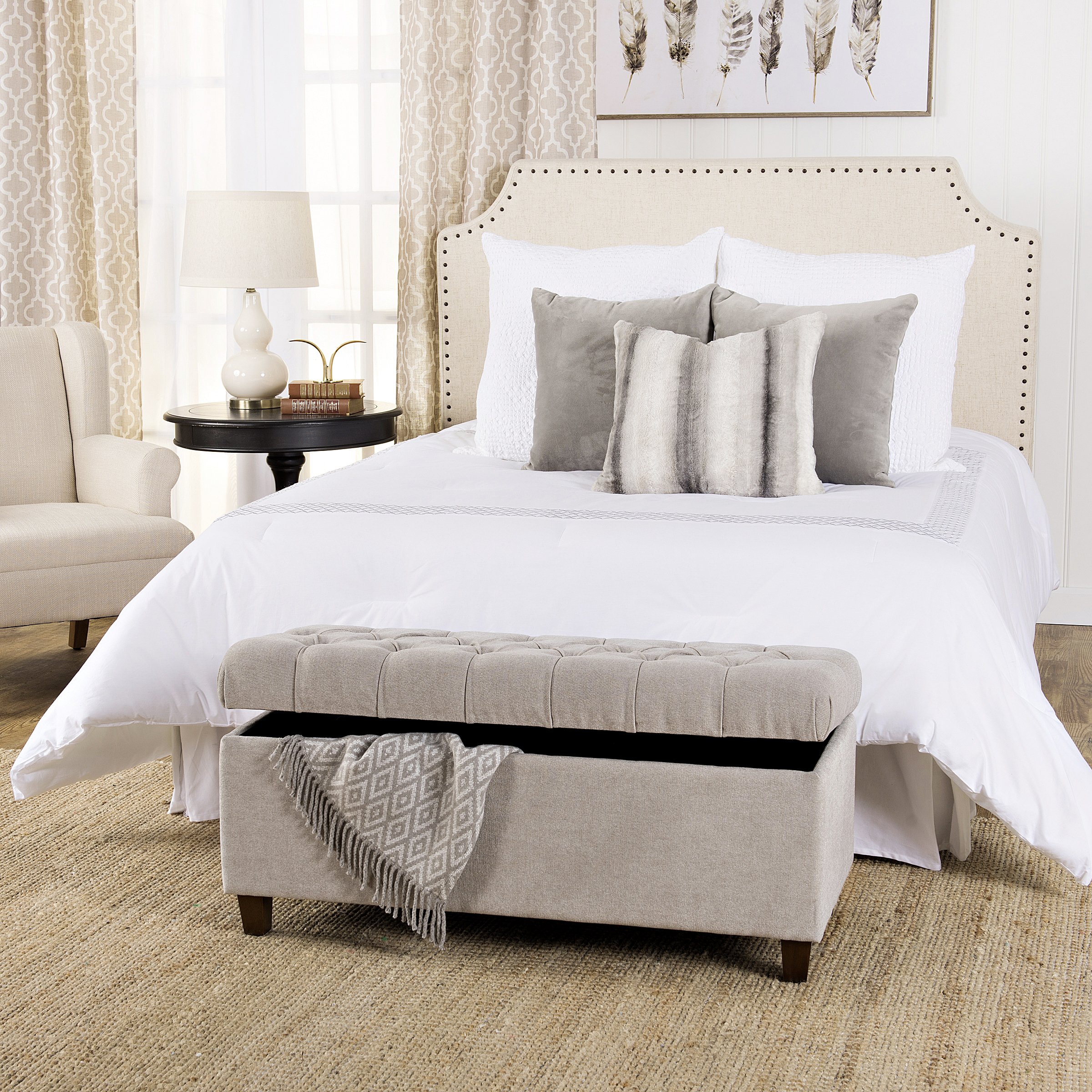 Homepop Tufted Ainsley Button Storage Ottoman Bench with Hinged Lid - Grey Upholstered Storage Ottoman for Living Room & Bedroom - Perfect for Extra Seating, Footrest & Hidden Storage Organization