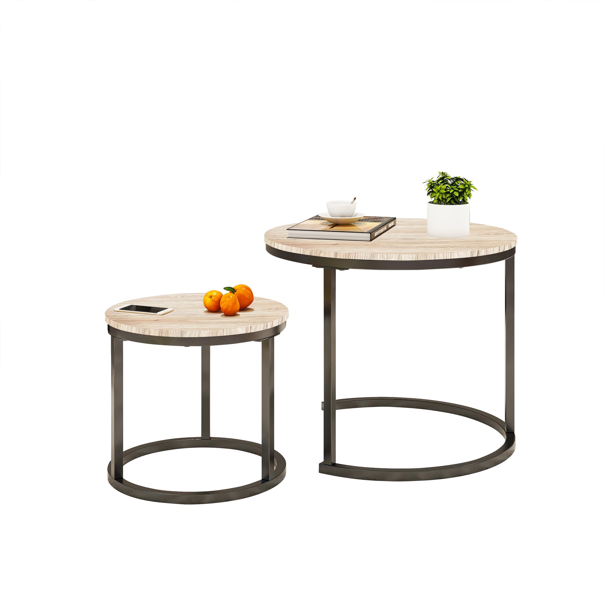 Modern Round Nesting Coffee Table Set of 2 - Solid Wood Top with Powder-Coated Metal Frame in Black/White Oak - Perfect for Living Room, Lounge, or Bedroom Side Tables
