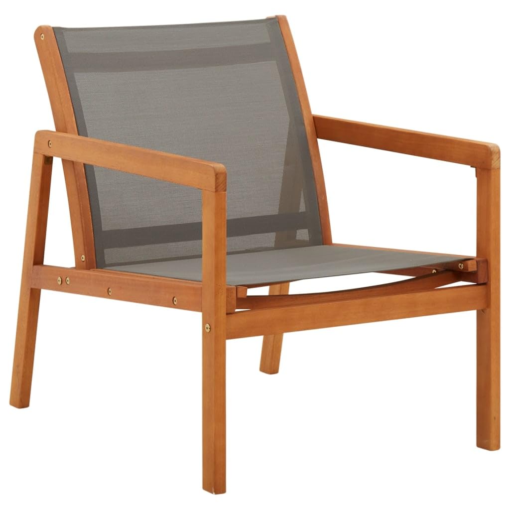 vidaXL Solid Eucalyptus Wood and Textilene Garden Lounge Chair - Patio, Balcony, Backyard Recliner - Outdoor Furniture Grey - Perfect for Poolside Relaxation and Sunbathing
