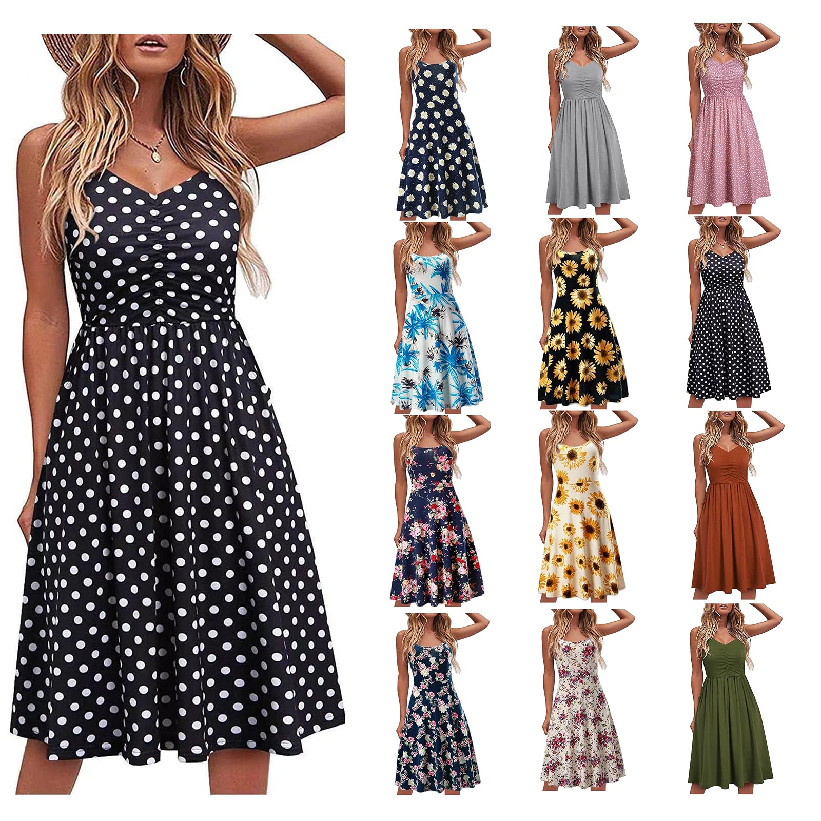 HUIYEA Women's Casual Summer Dress - V Neck Sleeveless Flowy Midi Sundress with Spaghetti Straps | Perfect for Beach, Vacation, and Outdoor Parties