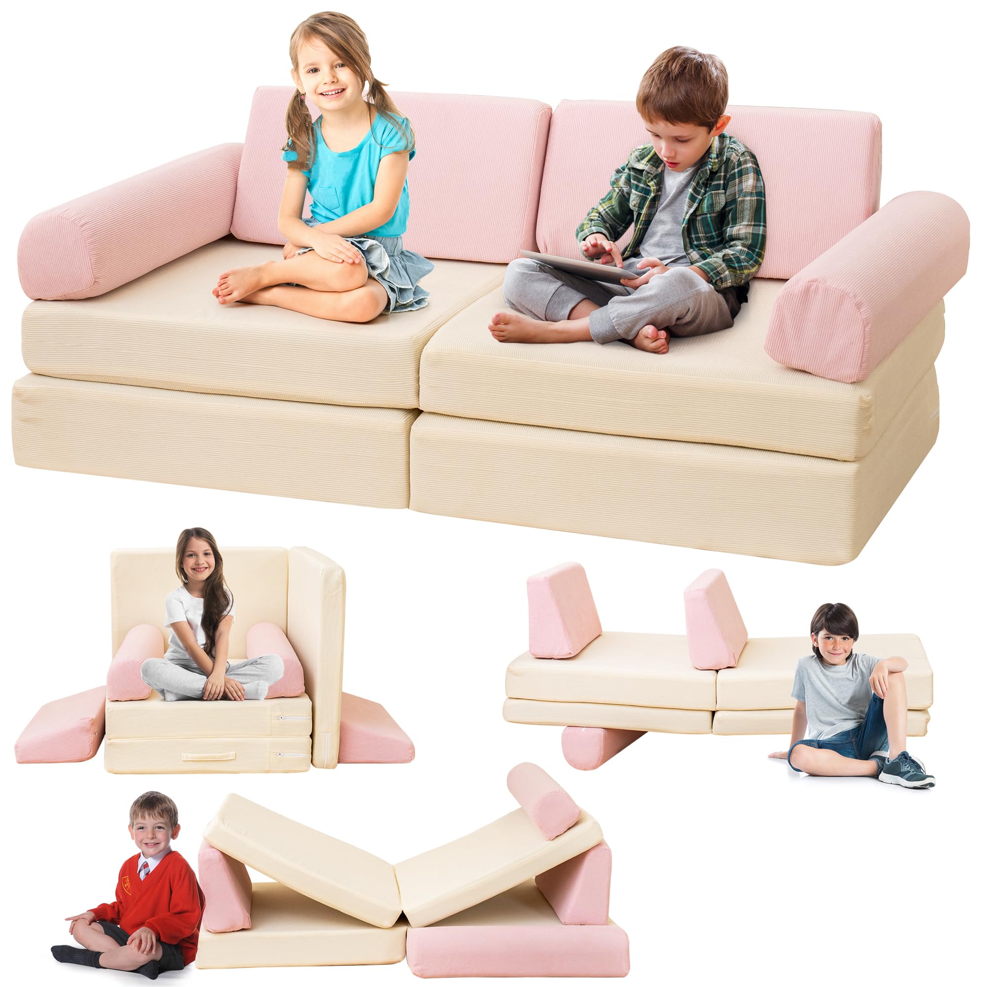 Modular Kids Play Couch - 5 Second Instant Expansion Corduroy Sofa for Playroom (Pink & Beige) - Perfect for Indoor Playtime, Reading Nook & Toddler Relaxation
