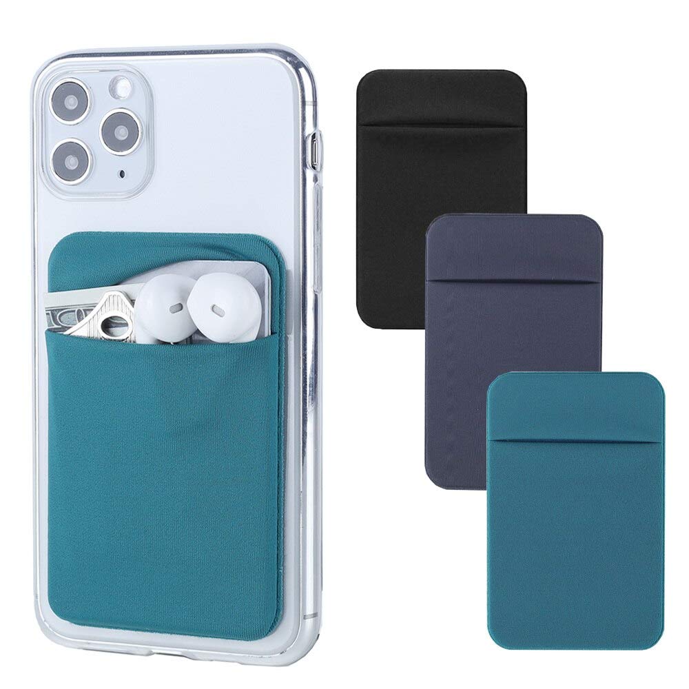 3-Pack Stretchy Stick-On Phone Card Holder - Self Adhesive Wallet Pocket for Credit Cards & ID - Compatible with iPhone, Samsung Galaxy & Android (Dark Green, Blue Gray, Black) - Perfect for Travel, Shopping & Everyday Convenience