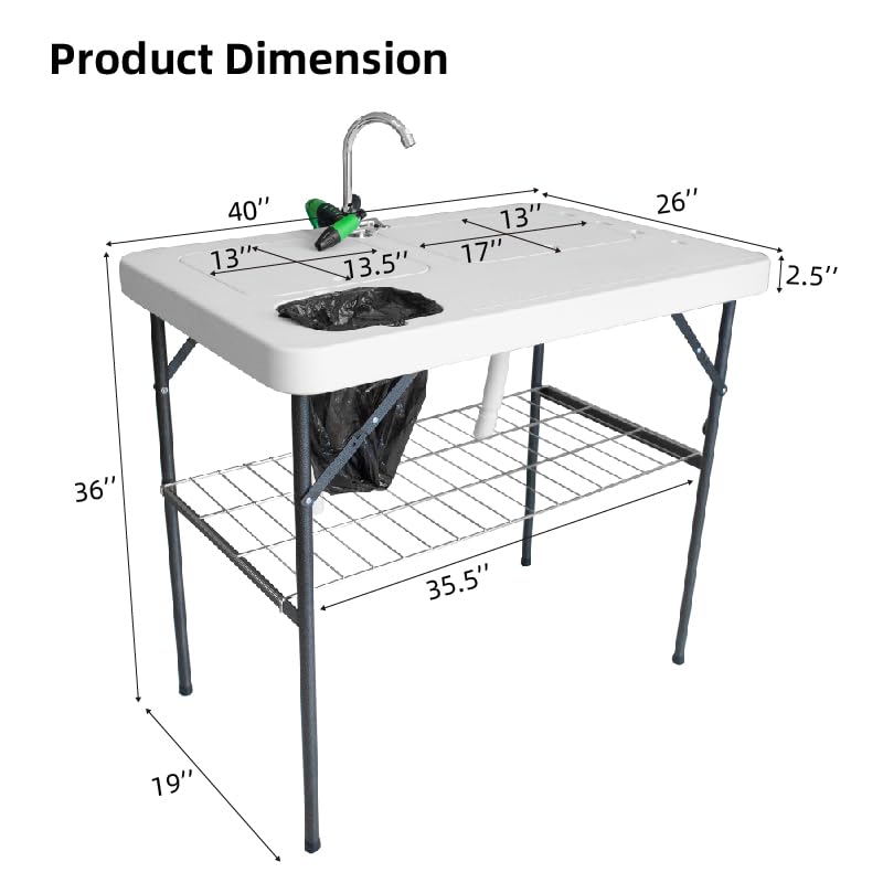 THUNDERBAY 40'' Heavy Duty Portable Folding Fish Cleaning Table with Double Sink & Faucet - Camping, Fishing, Outdoor Game Processing Station