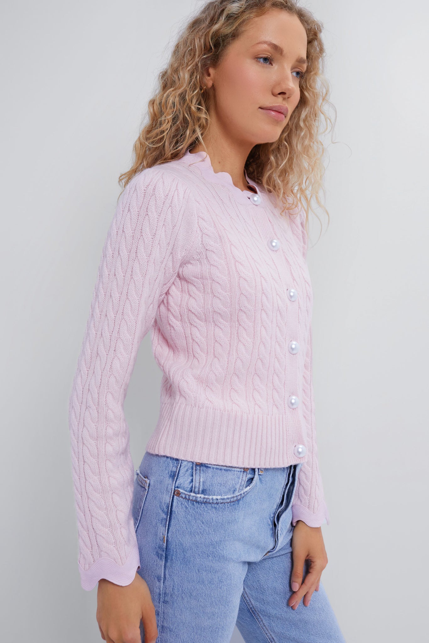 Soft Blush Pink Cable Knit Cardigan Sweater for Women - Cozy Fall & Winter Layering Piece for Casual Outfits and Office Wear
