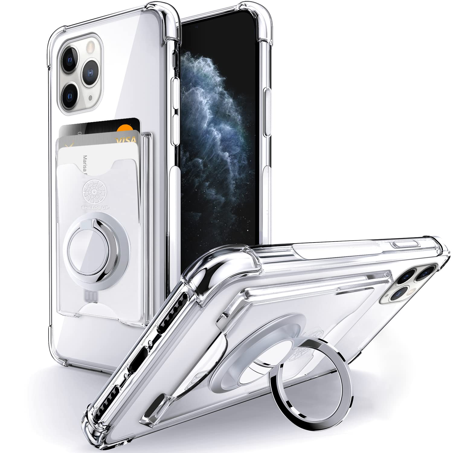 SHIELDS UP iPhone 11 Pro Max Case (6.5 inch) - Slim Transparent TPU Wallet Case with Ring Kickstand & Card Holder | Shockproof Bumper Cover | Perfect for Everyday Use, Travel & Hands-Free Viewing